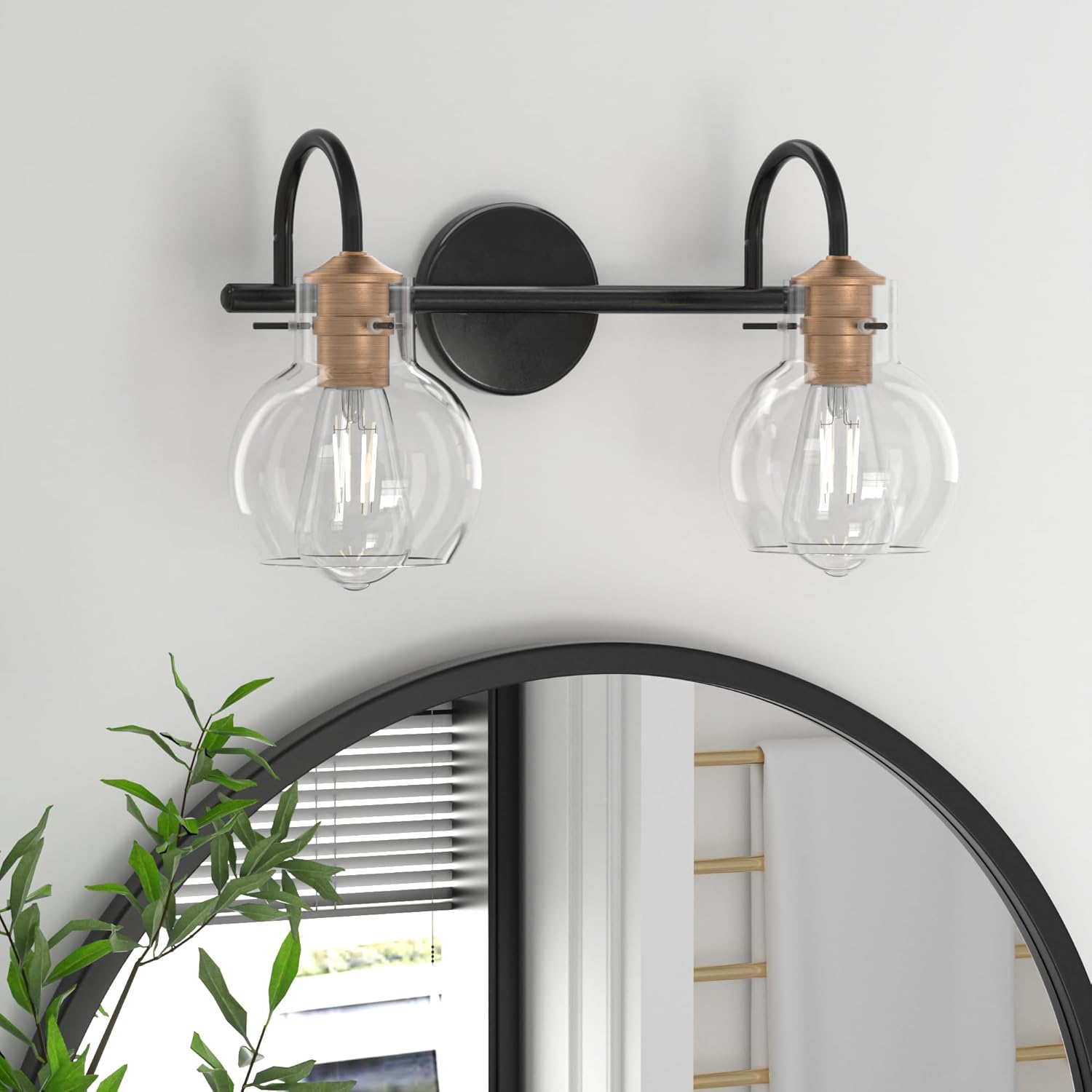 2 Light Vanity Light with Clear Glass Shades, Black & Copper