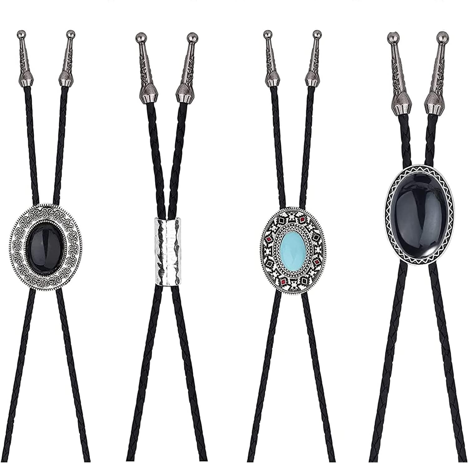 MILACOLATOBolo Tie for Men 4Pcs Leathernecklace Men Vintage Punk Necklace Genuine Western Cowboy Necktie Handmade Halloween Costume Accessories