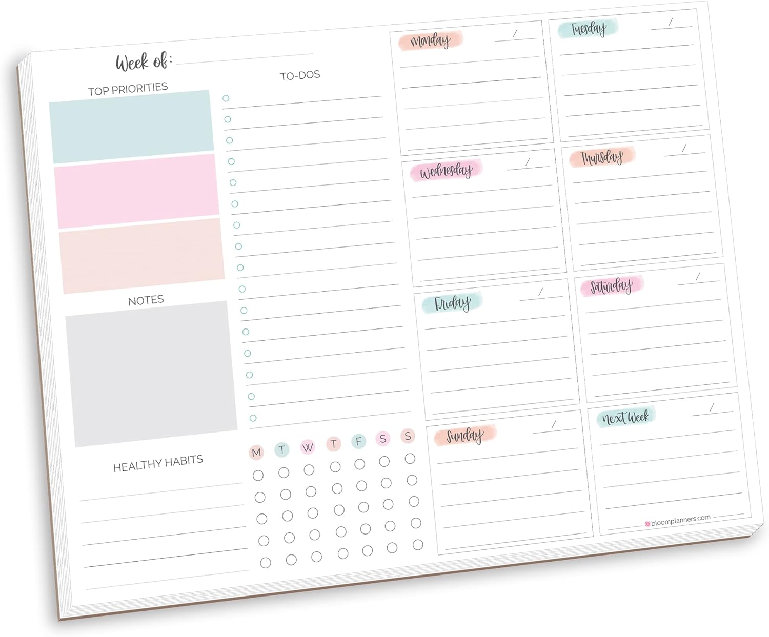 bloom daily planners Horizontal Weekly To Do List Notepad with 60 Undated Sheets - Weekly Desk Planner or Chore Pad with Priorities & Habit Tracker - 8.5” x 11” - Pastel Horizontal Weekly To-Do List - Pastel - Image 1 of 9