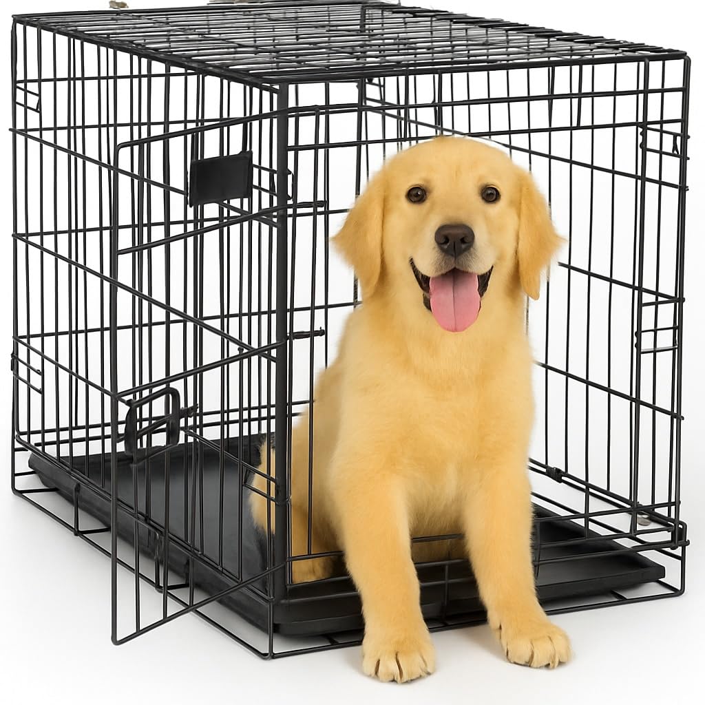 Dog Cage, Pet Metal Cage, Foldable Wire Dog Crate with Leak-Proof Removable Plastic Tray, Heavy Duty Portable Pet Cage for Dogs, Puppies, Cats, Pet Kennel, Playpen for Pet Breeding. (L, 60cm)