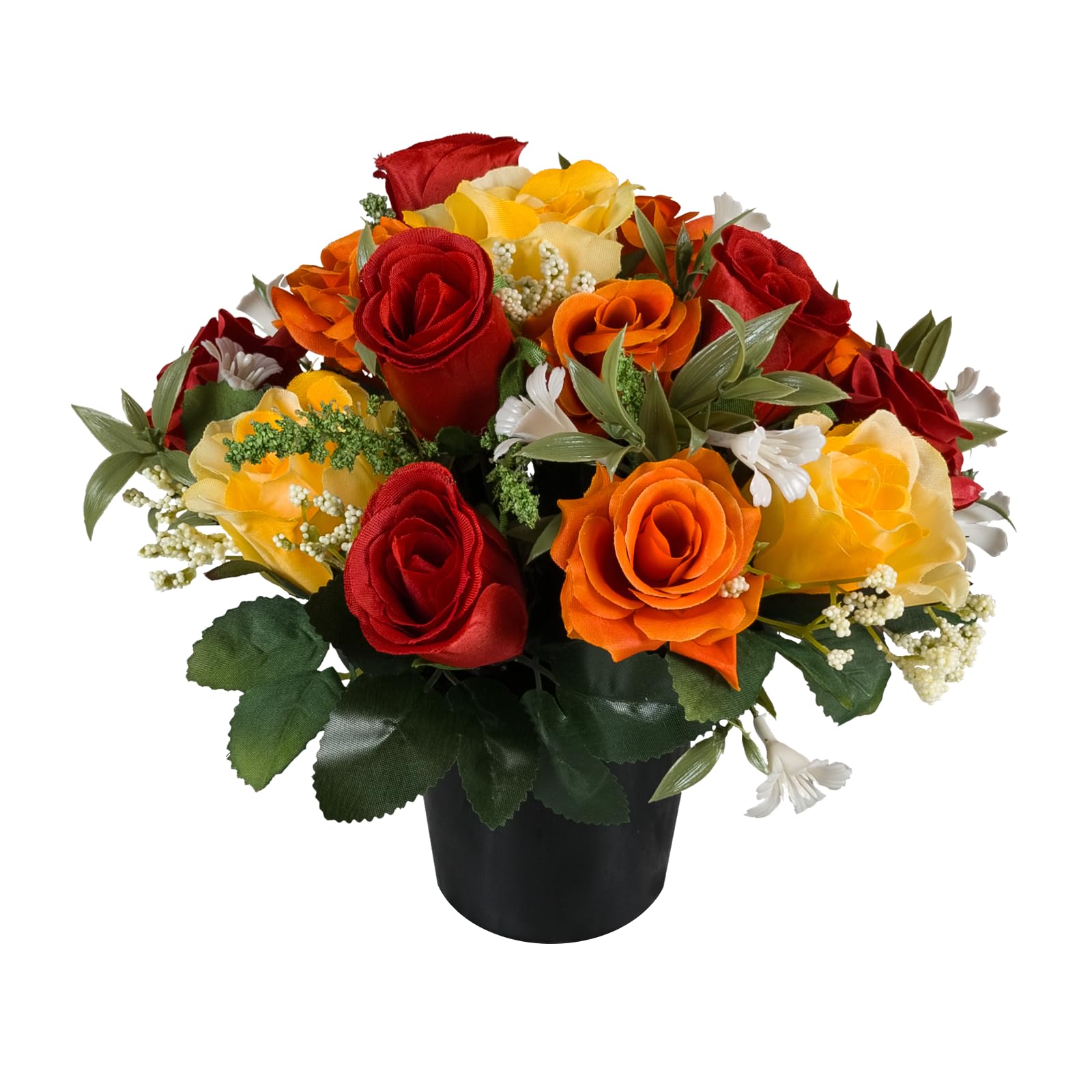 Artificial Flowers for Graves Autumn Red Rosebud Orange/Yellow Roses in Pot