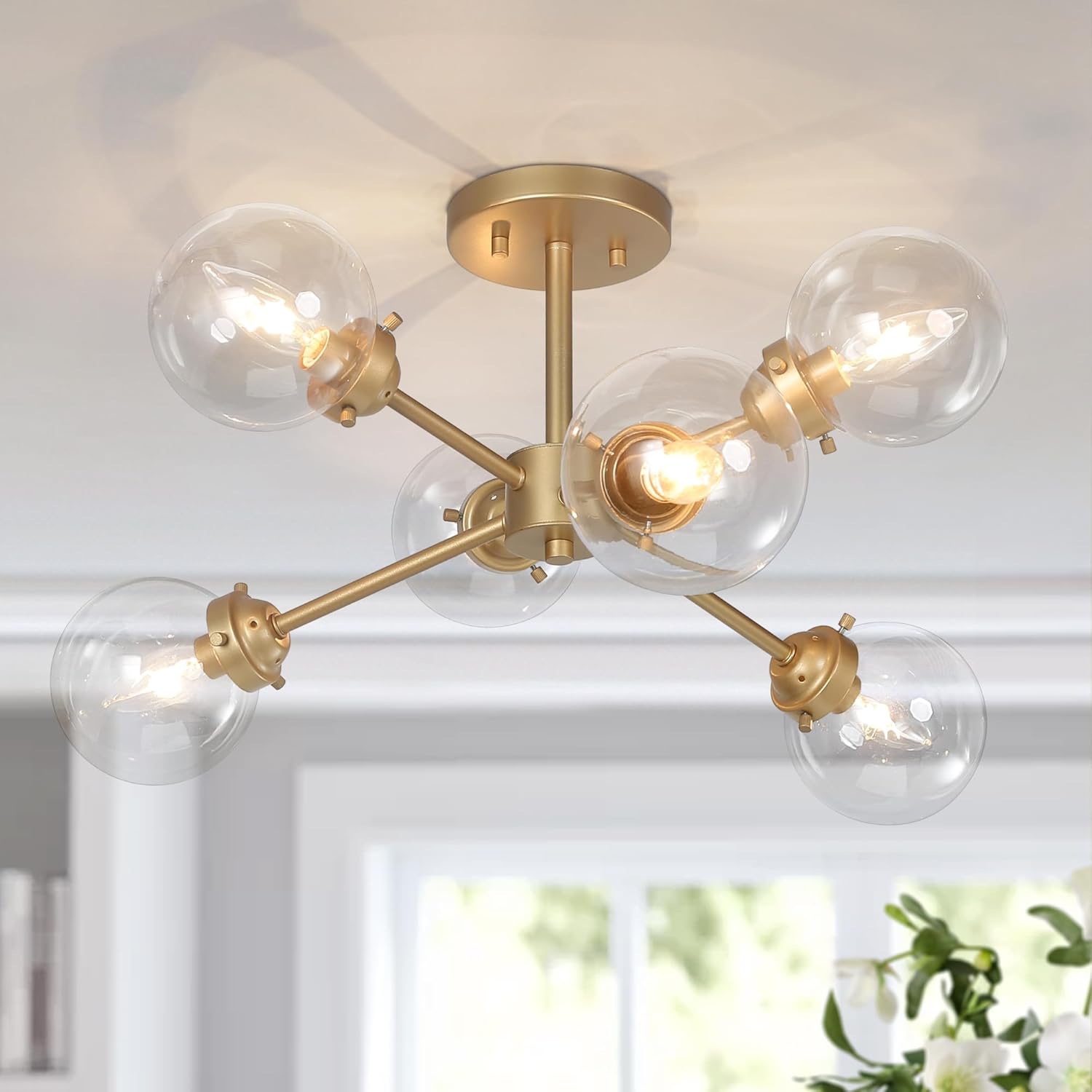 Gold Flush Mount Ceiling Light, Modern Sputnik Glass Hallway Light Fixtures Ceiling, 6-Light Close to Ceiling Light Fixture for Kitchen, Foyer and Bedroom