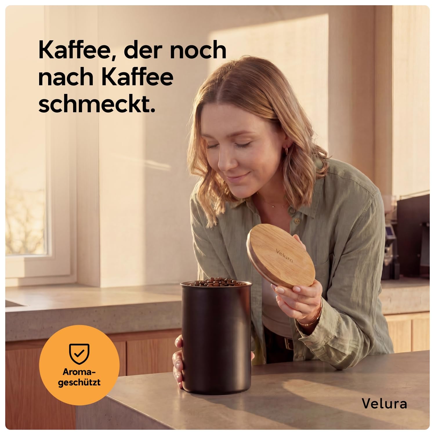 Velura Kaffeedose luftdicht 1kg – Edelstahl mit Holzdeckel, matt schwarz | 3000ml für Kaffeebohnen | Plastikfrei | LFGB-zertifiziert | Entwickelt in Österreich | Maße: 15cm Ø × 20,8cm H