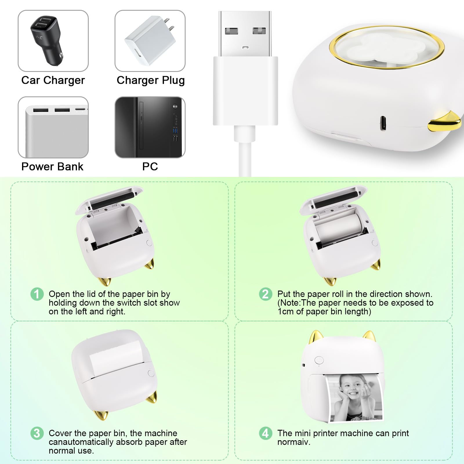Stampante Fotografica Istantanea Portatile con LED, Termica Bluetooth Ricarica USB per Note Memo