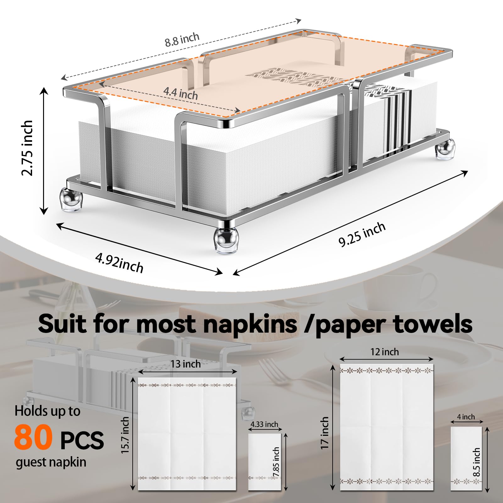 Soporte para toallas de papel de baño, bandeja para toallas de baño, servilleteros, toallas de invitados, servilleteros desechables, baño, mesa de comedor de cocina (plateado)