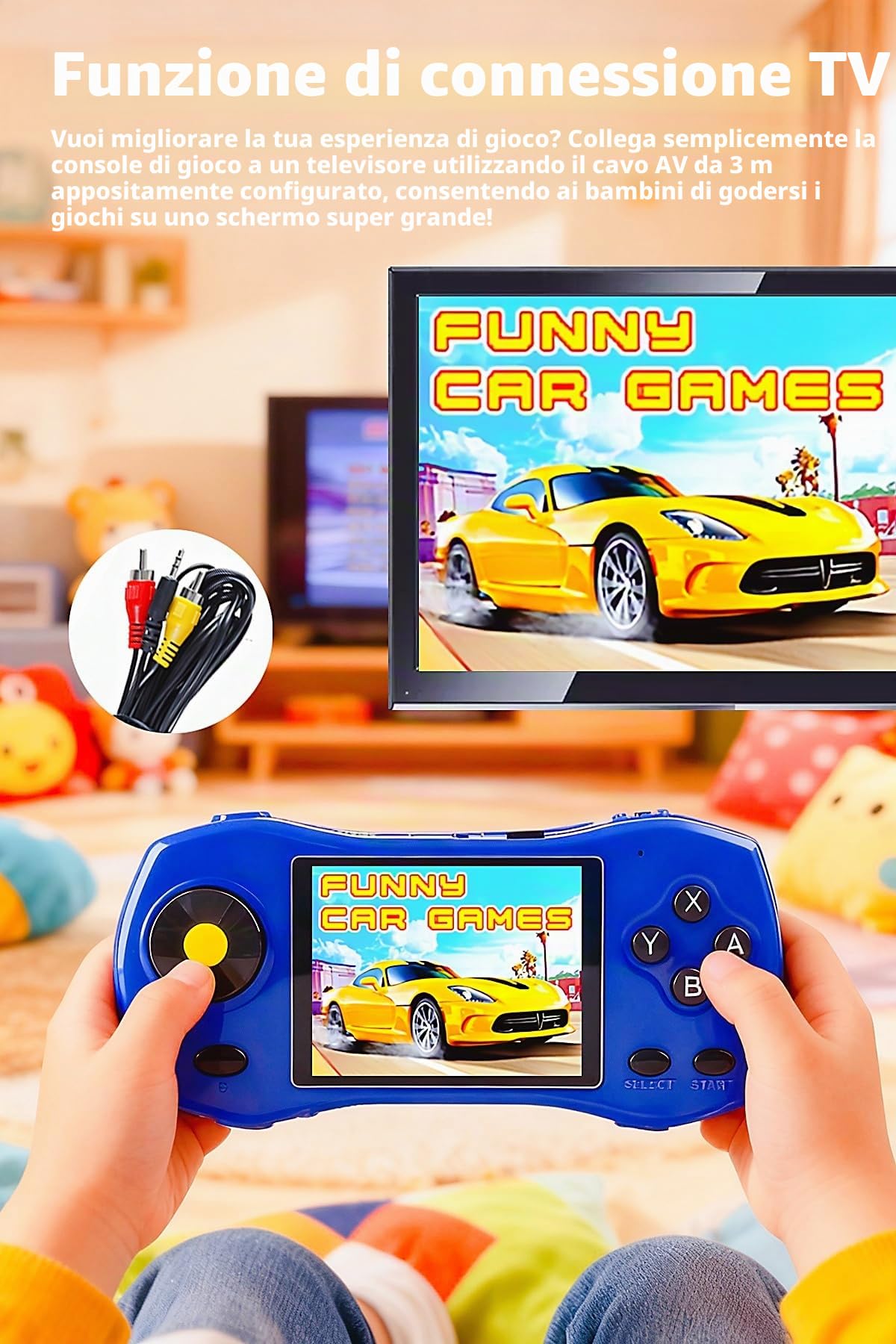 HLF Console di Gioco per Bambini 3 Pollici Design da Auto Sportiva 250 Giochi 64bit Collegabile alla TV Videogiochi Portatili Interni/Esterni/da Viaggio Regalo per Compleanno/Vacanze/Natale