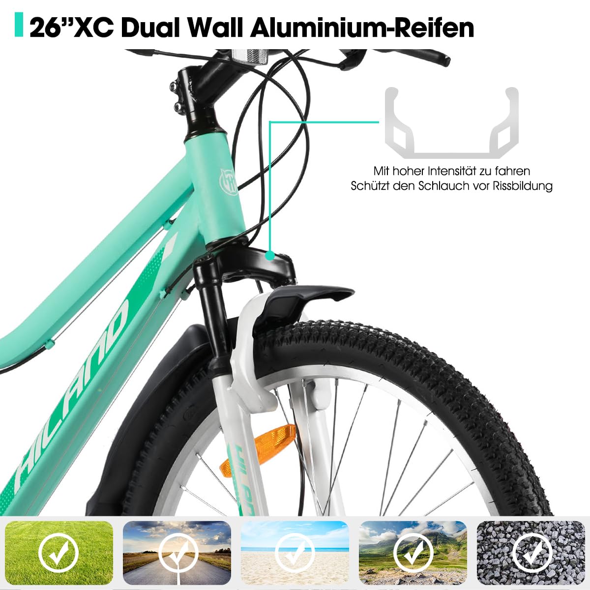 HILAND Gamille 26 Zoll Damen Mountainbike, 18 Gänge Federgabel MTB mit Step-Through-Rahmen, 26 Zoll Fahrrad für Frauen Männer Erwachsene, Grün/Rosa