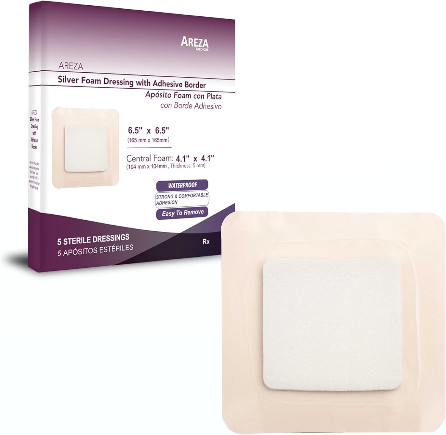 Areza Medical - Silver Foam Wound Dressing Pad - Sterile - 4.25" X 4.25" (10.8 cm X 10.8 cm) - 20 PCS per Box