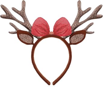 Brown Deer Antlers Headband, Deer Ears Christmas Headbands for Women, Reindeer Antlers Headband for Adults, Christmas Costume Holiday Hair Accessories with Red Bow for Party Favors Supplies