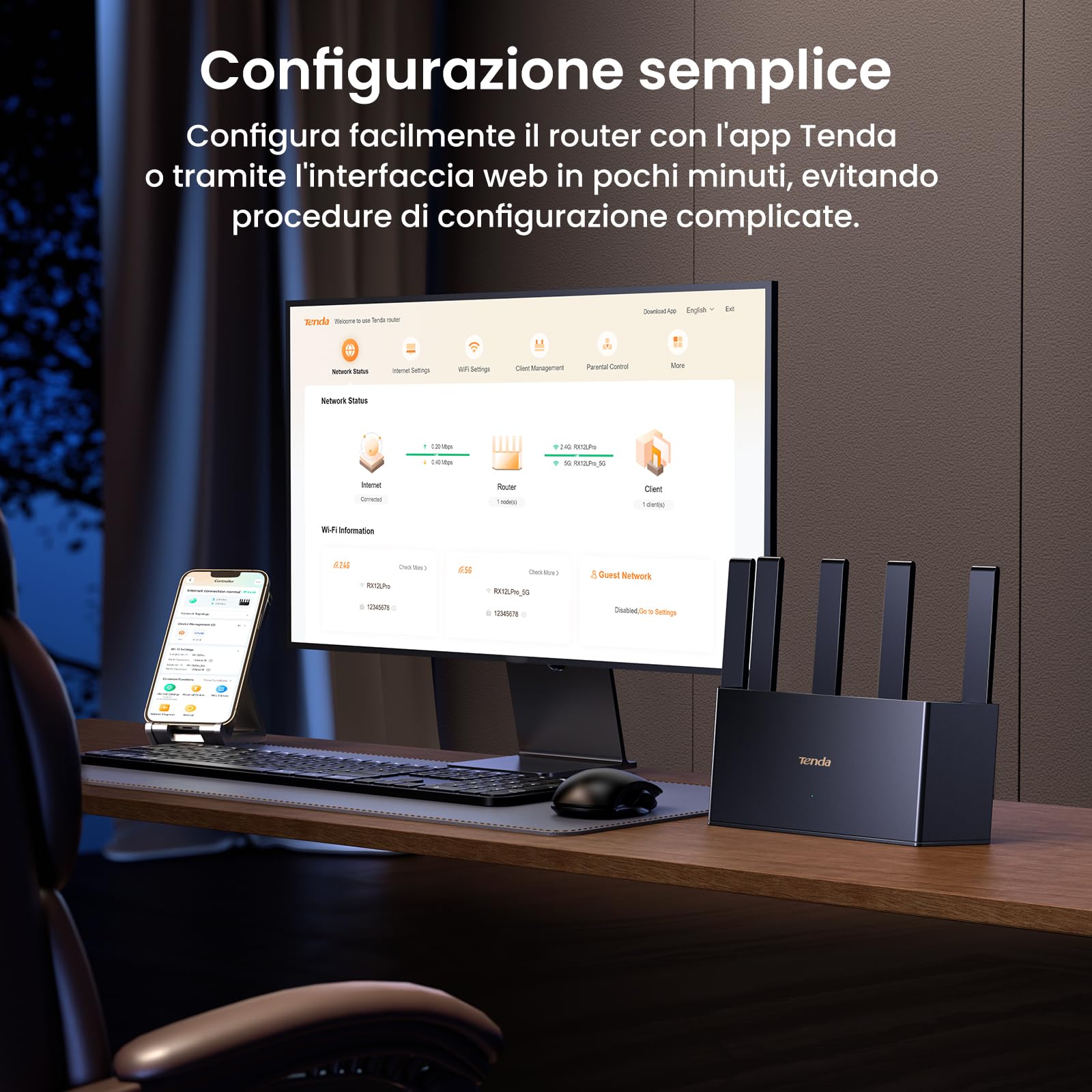 Tenda RE3L Router Wi-Fi 7 BE3600 Dual-Band, Mesh WiFi, Porte WAN/LAN Gigabit, 5 Antenne Verticali, 4K-QAM, MLO, NFC, VPN, WPA3, Controllo tramite App