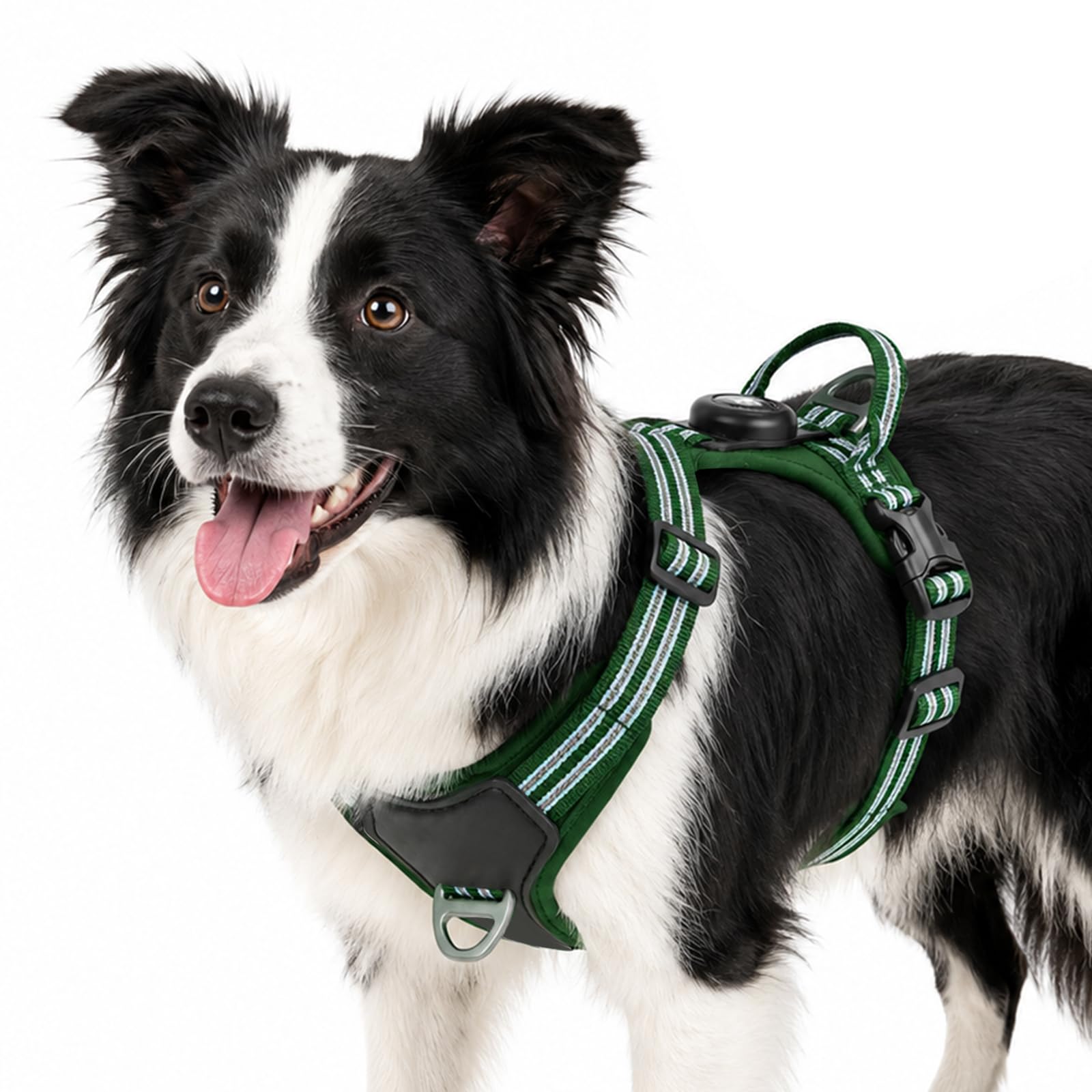 Olcyren No Pull Dog Harness with AirTag Holder, Anti Pull Adjustable Soft Dog Harness with Front Clip and Handle, Reflective Breathable Pet Vest for Small Medium Large Dogs (Forest Green, L)