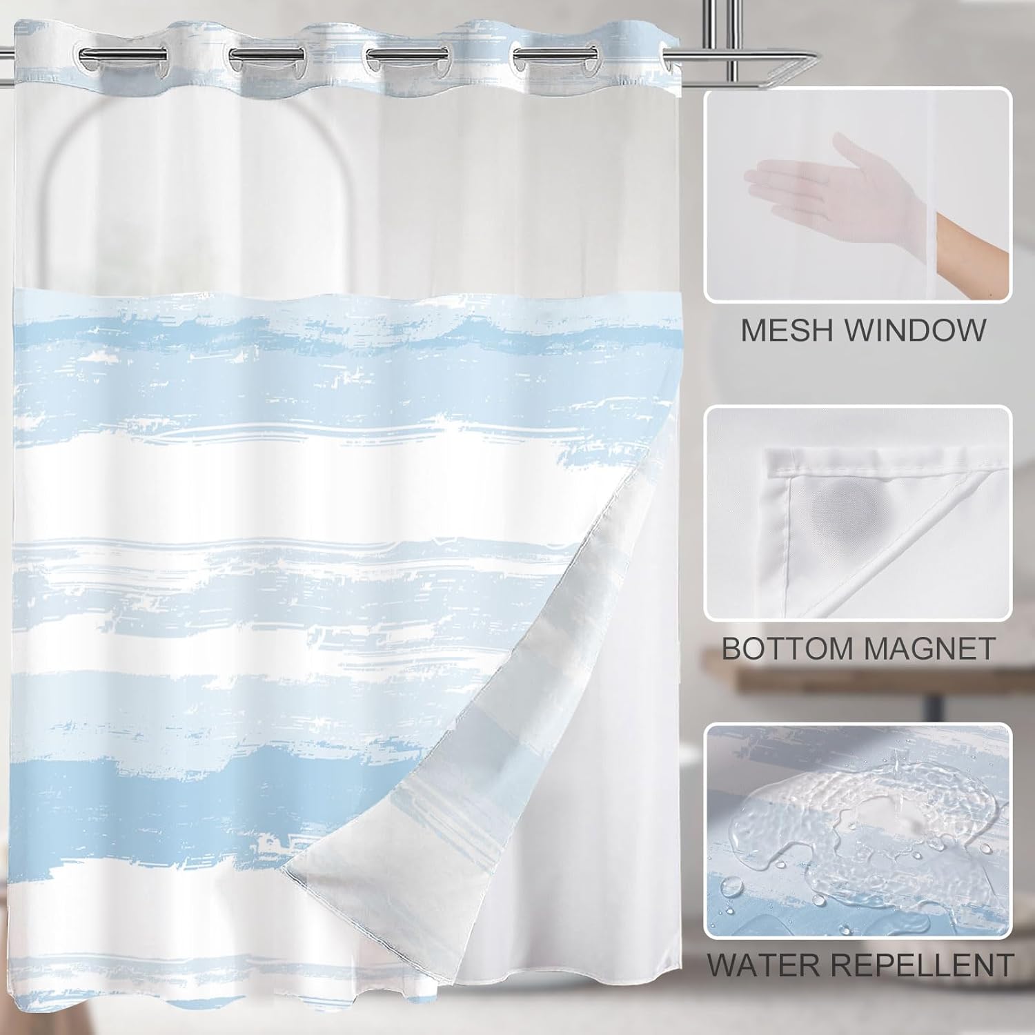 No Hook Shower Curtain and Liner Set, Light Blue and White Striped Hotel Shower Curtains for Bathroom, Minimalist Waterproof Bathroom Curtain Set with Snap in Liner Mesh Top Window, 71x74 Inch