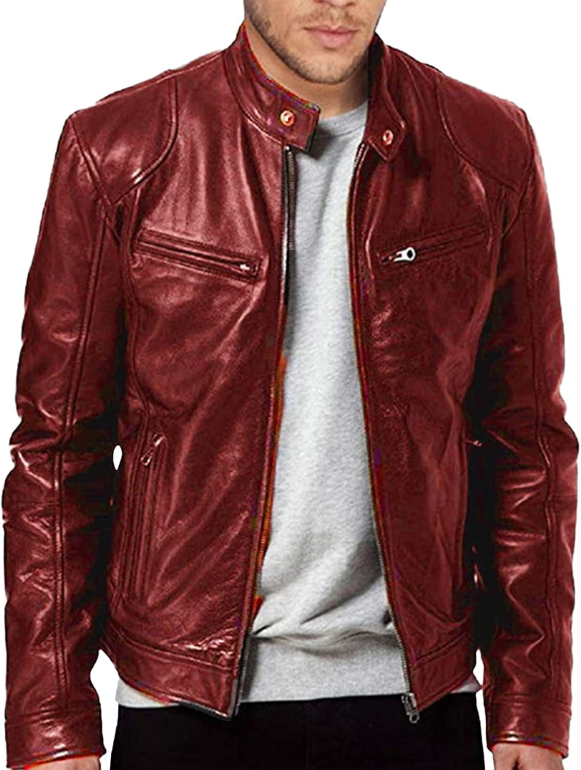 Men's Faux Leather Jacket Collar Zip Up Motorcycle PU Jackets Lightweight Outerwear Biker Vintage Coat