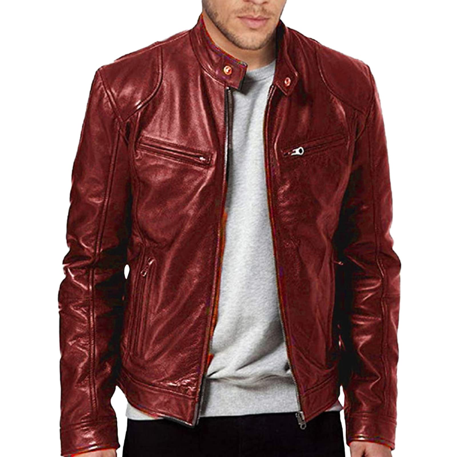 Men's Leather Biker Jacket - Vintage Leather Jacket Men Motorcycle - Stand Collar Distressed Leather Bomber Jacket Men