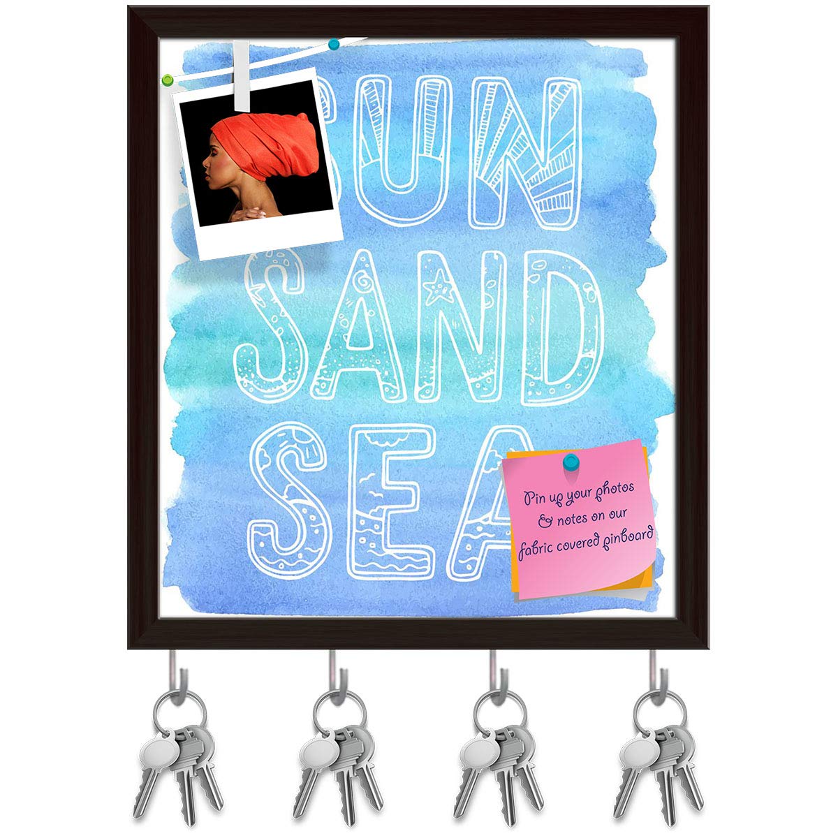 ArtzFolio Sun Sand Sea Key Holder Hooks | Notice Pin Board | Dark Brown Frame 12 X 13.3Inch