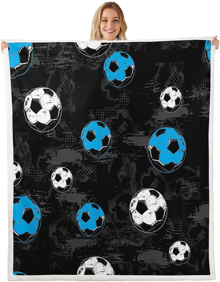 Football Fleece Blanket Boys Sport Balls Throw Blanket for Kids Youth Adult, Black and White Soccer Bed Blanket Football Game Activity Sherpa Blanket 90"x90", European Sport Bedroom Decor