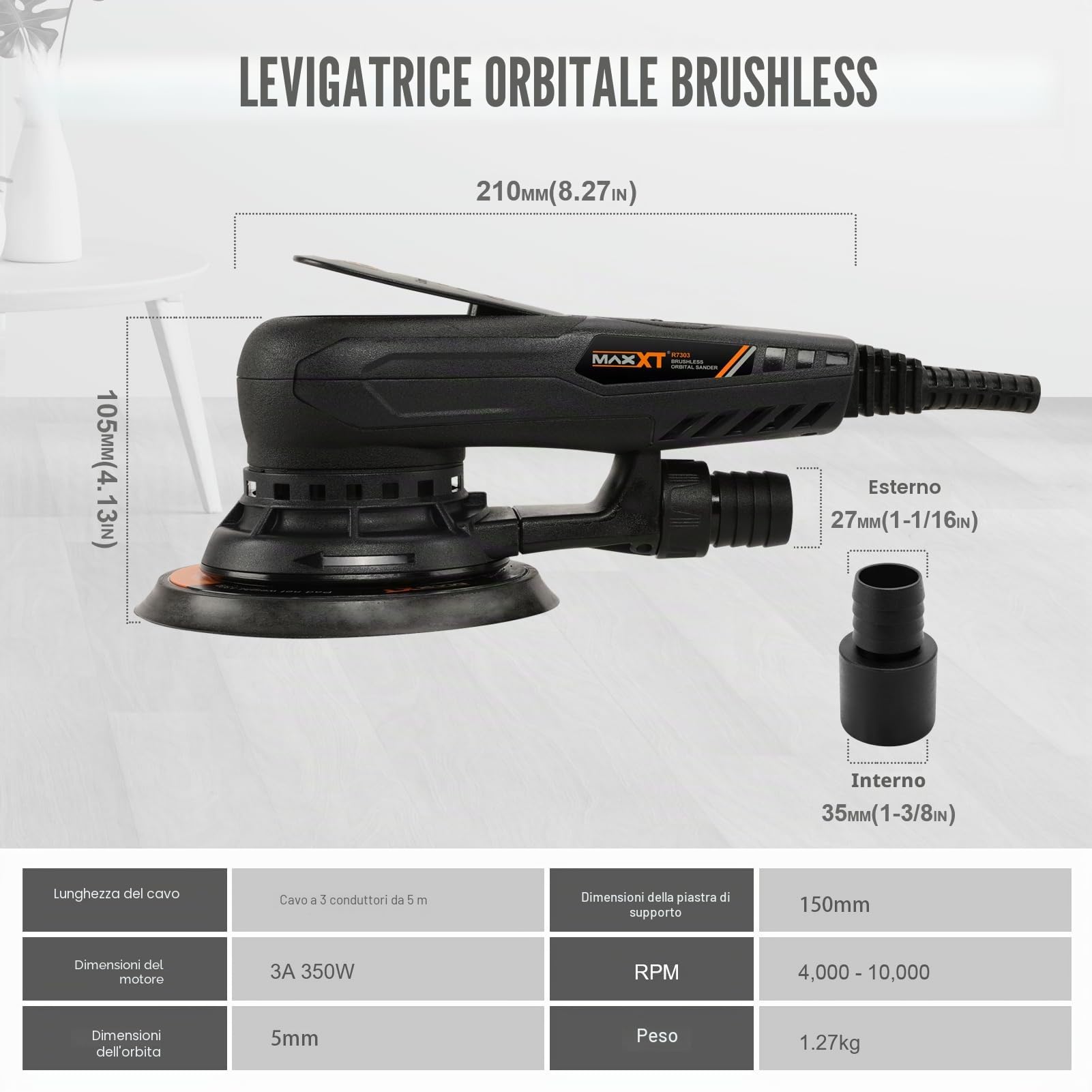 MAXXT Aggiornato da 5,0mm Levigatrice Orbitale Casuale Brushless Multifunzione a Velocità Variabile con 10 dischi abrasivi da 150mm per la Lavorazione del Legno