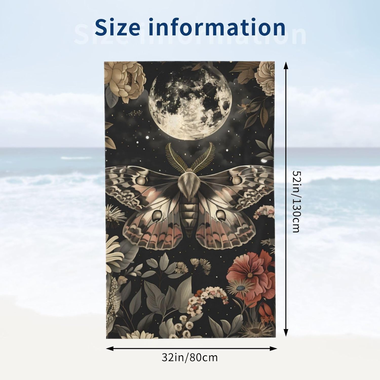 Retro Moth Beach Towel, 32x52in Microfiber Quick Dry Moon Floral Vintage Botanical Flower Night Sky Bath Towels, Soft Lightweight Oversized Sand Free, for Travel Pool Swimming Gym Decor, Gifts