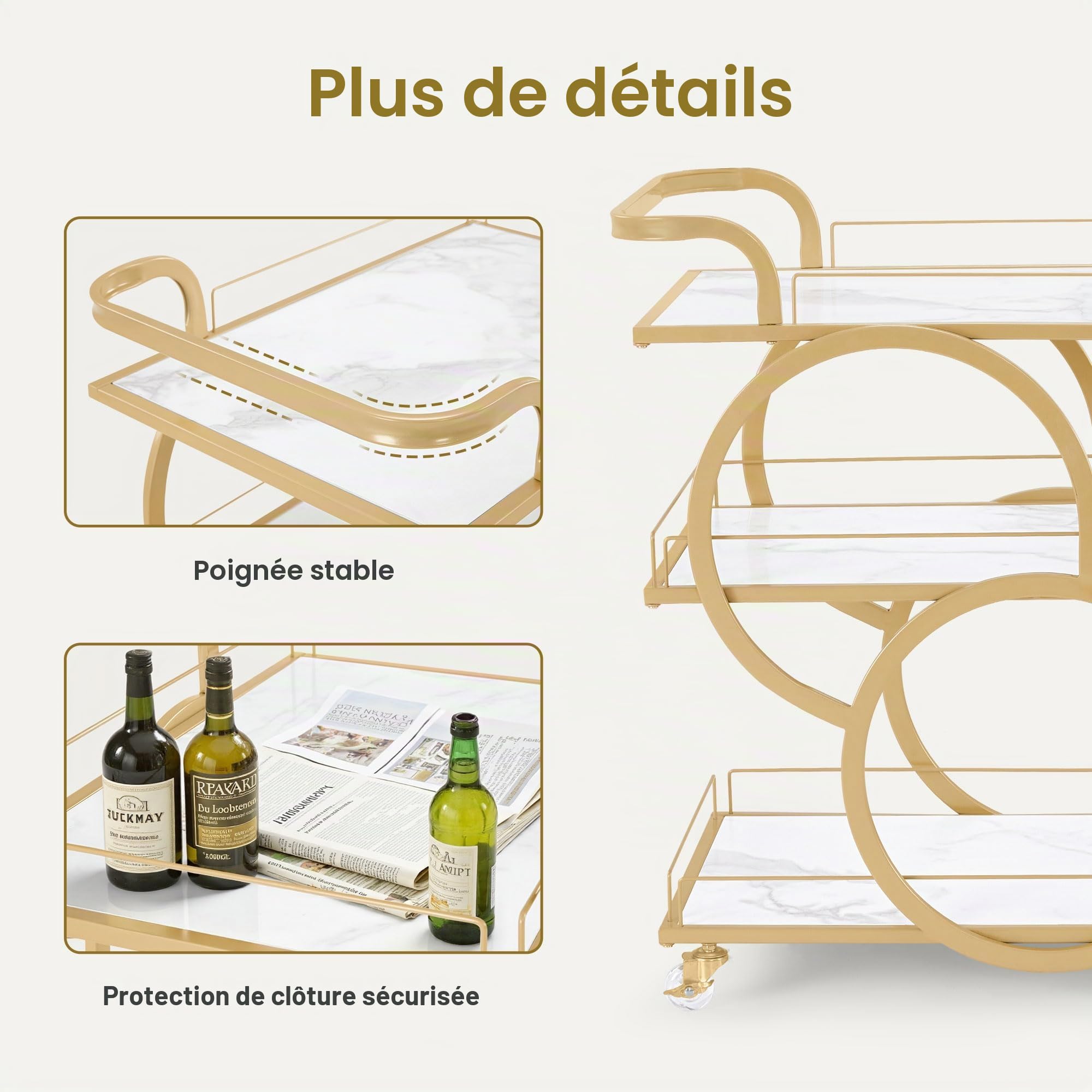 BarberPub Chariot de Service à roulettes 3 Niveaux Structure métallique Blanc-Or 65x43x70