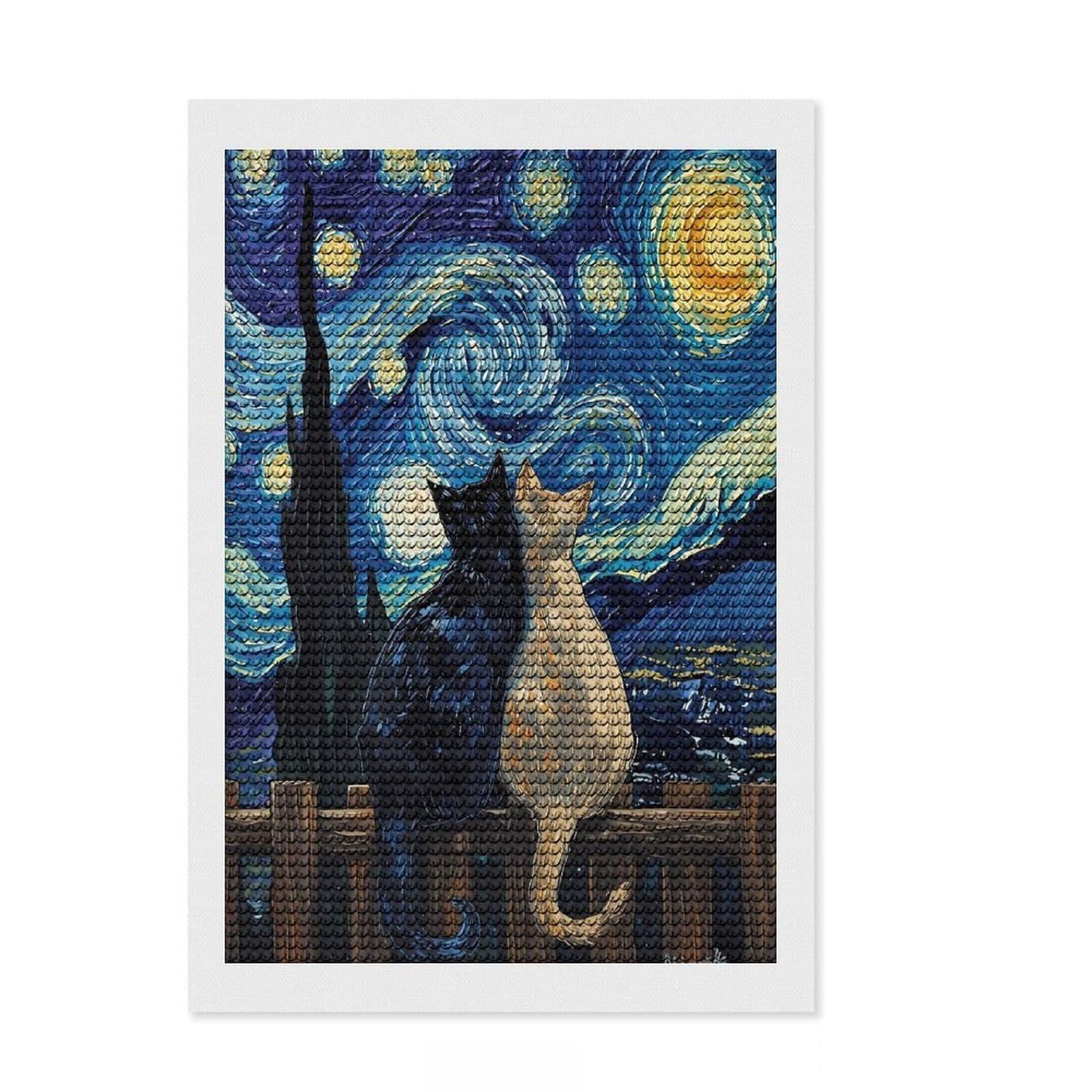 Junmoney Cats Under Starry Night Painting Diamond Painting Kit 8"x12", Good for Quiet Evenings, Mindful Craft Activity, Living Room Decor, Gift Idea