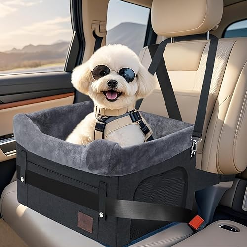 PetsHome Dog Car Seat for Small Dogs, Detachable Washable Dog Booster Car Seat with Storage Pocket, Breathable Mesh, Safety Leash, Adjustable Straps for Small Pets Up to 25lbs-Black