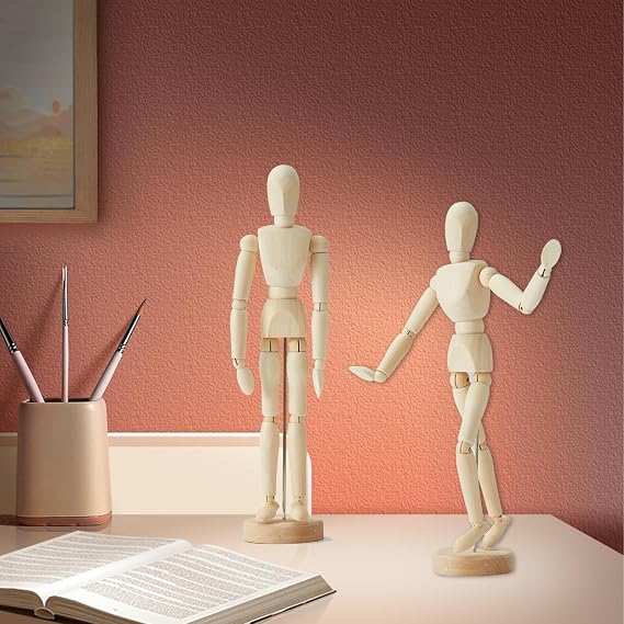 2 Pack, 8 Inch & 12 inch Artist Wooden Manikin Flexible Body Joints, Human Figure Puppet Model Wood Male Mannequin Doll Ornament Stand for Home Office Desk Decoration Sketching Drawing Painting