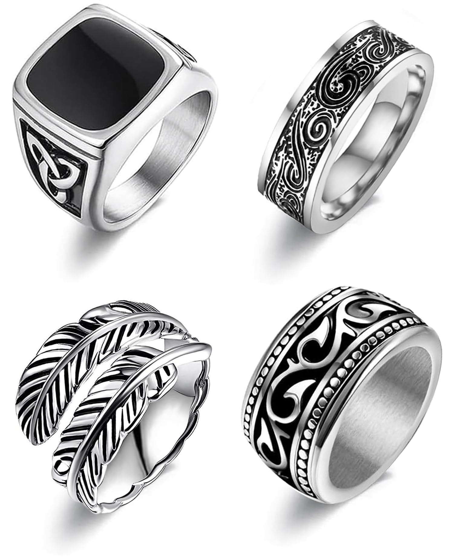 EIELO 4Pcs Stainless Steel Vintage Rings for Men Greek Signet Thumb Silver Open Feather Ring Retro Carving Celtic Band Rings Vintage Biker Band Rings Set Edge Mens Rings Jewelry