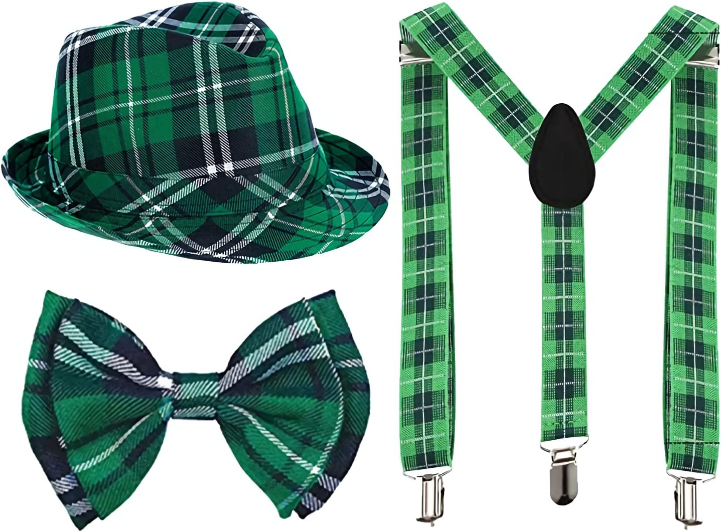 St Patricks Day Hats Bow Tie and Suspenders Set for Women Men Adult Green Irish outfit Saint Pattys Day hat Green Bow Tie and Suspenders for Girls and boys St Patrick's Day Party Supplies