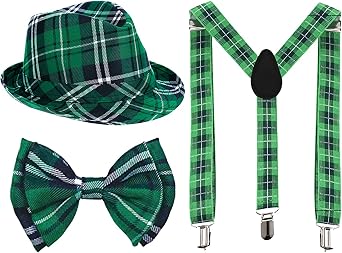 St Patricks Day Hats Bow Tie and Suspenders Set for Women Men Adult Green Irish outfit Saint Pattys Day hat Green Bow Tie and Suspenders for Girls and boys St Patricks Day Party Supplies