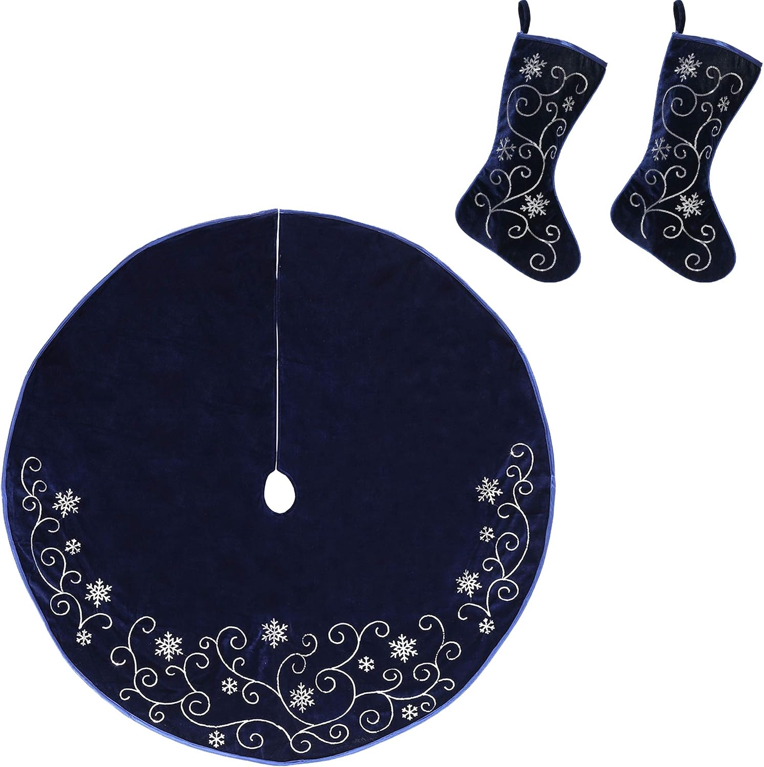 Velvet Christmas Decor with Embroidered Sequin Taffeta Piping and Snowflakes (2 Stockings 1 Tree Skirt)