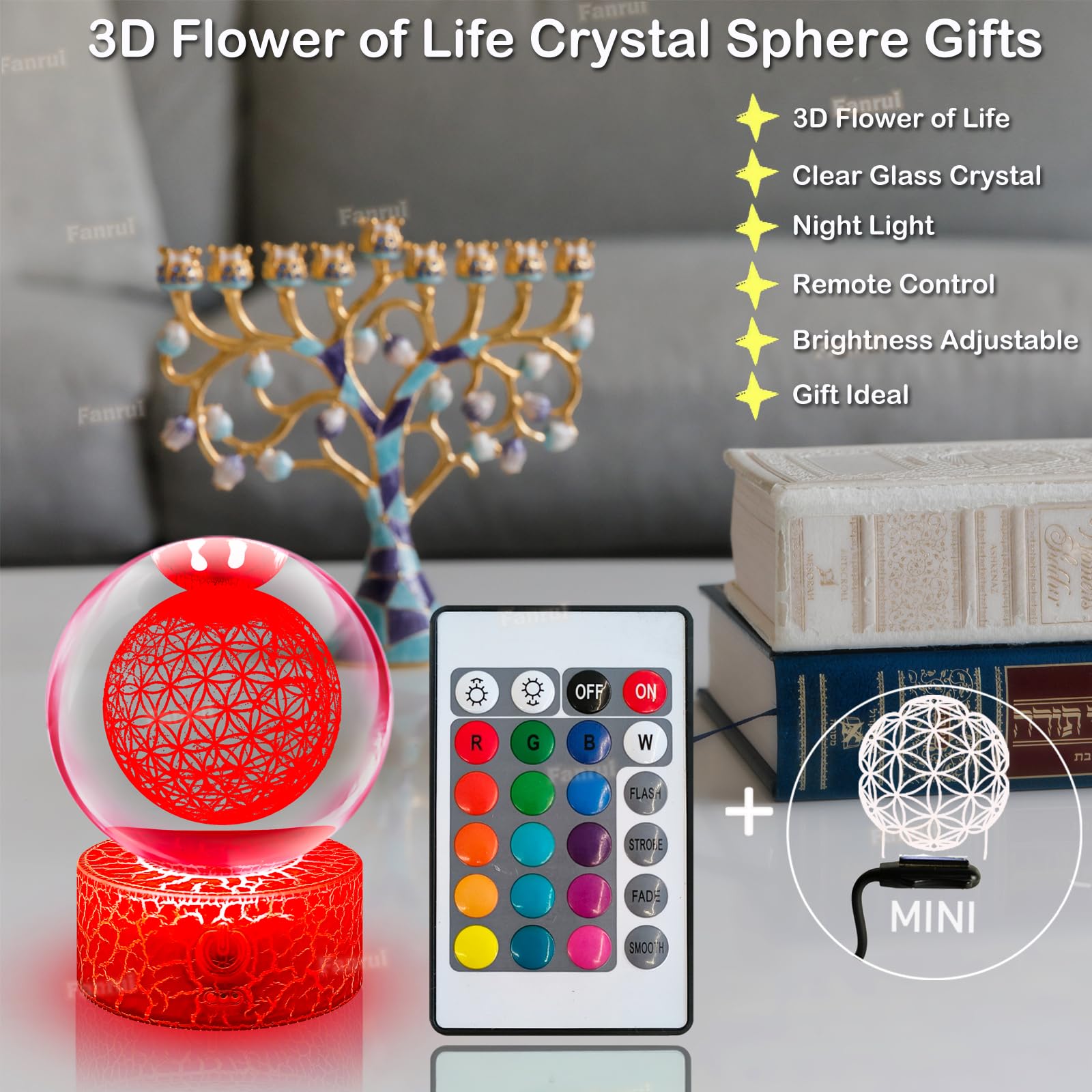 Fanrui 3.15” Crystal Ball with 3D Flower of Life,Clear Crystal Sphere Healing Flower Figurines Lamp,16 Colors Change LED Dimmable Night Light with Remote Control,Gifts for Men,Women,Kids,Boys,Girls