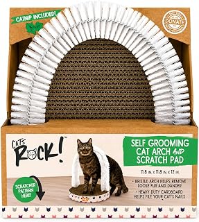Cats Rock Self-Grooming Cat Arch & Scratch Pad, Catnip Included, Self Groomer with Wire Brush & Cardboard Scratcher, Interactive Indoor Cat Toy for Grooming, Scratching, Play & Relaxation