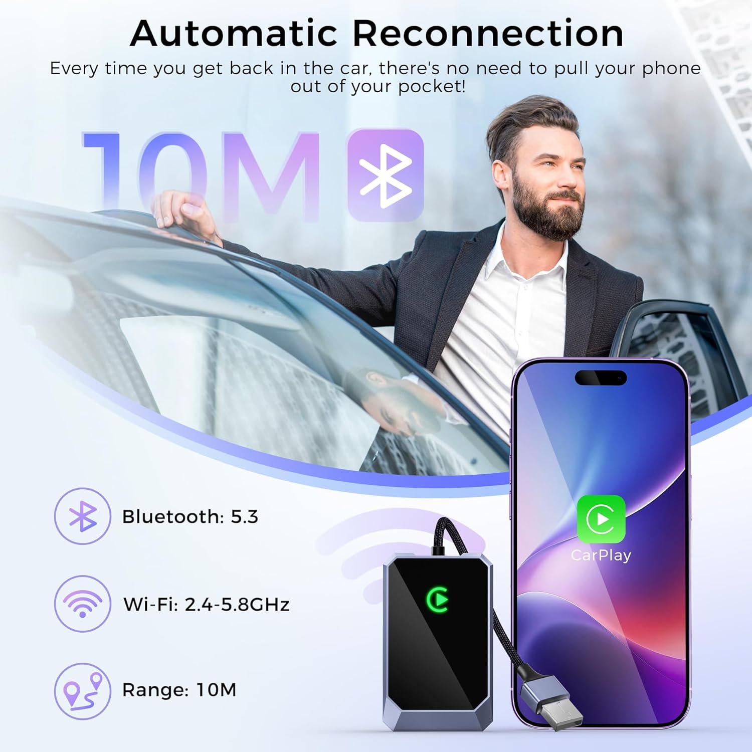 Wireless CarPlay Adapter for Apple iPhone, Convert Wired CarPlay to Wireless, Plug-and-Play, Stable Connection Compatible with OEM Wired CarPlay Vehicles & iOS 10+ - Image 3