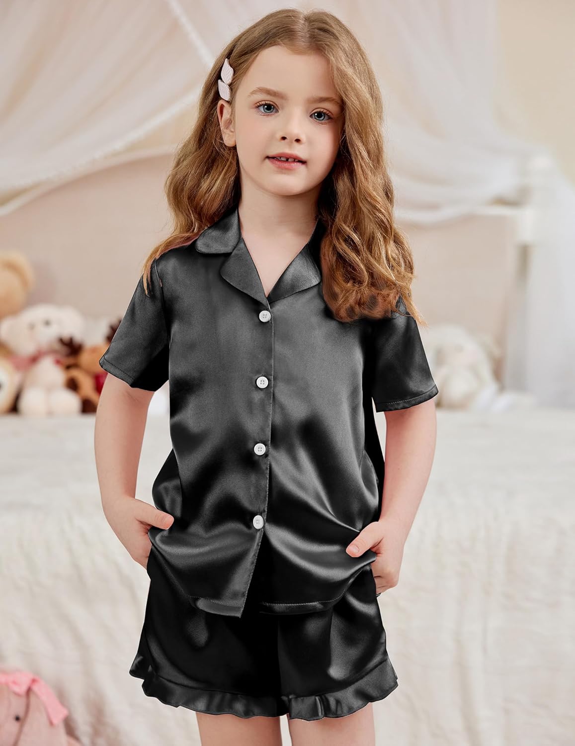 Arshiner Girls Pajamas Silk Satin Pajama Set 2 Piece Button Down Pjs Ruffle Sleepwear - Image 4