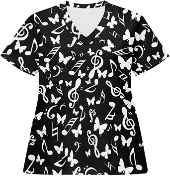 Scrubs Tops for Women Printed Scrub Top Stretchy Short Sleeve Scrubs Shirts with Pockets Plus Size Nurse Uniform
