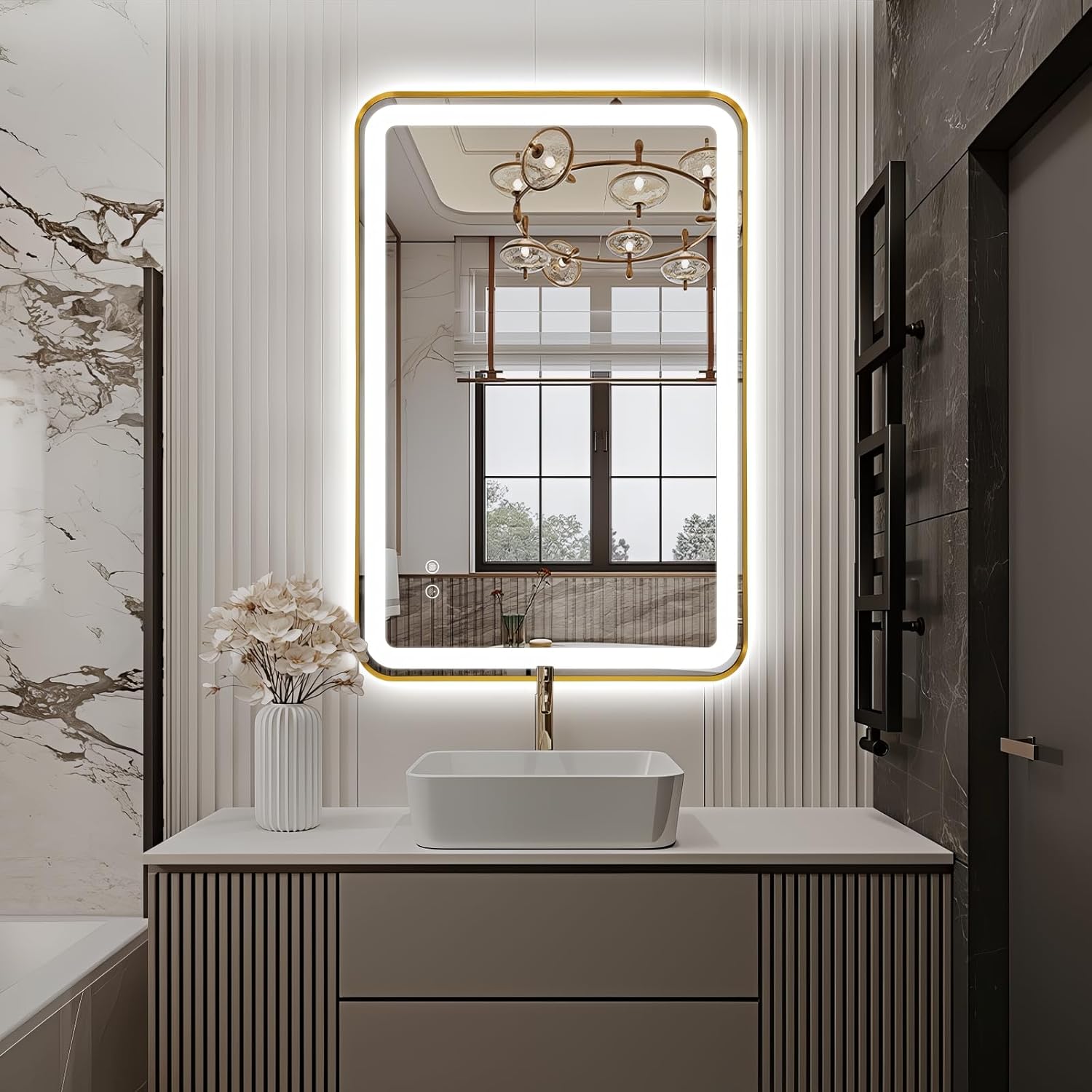36"x24" Lighted Vanity Mirror with Lights, Gold Metal Frame Led Mirror for Bathroom, Anti-Fog Wall Mirror with Front and Backlit, Shatterproof, 3 Colors Stepless Dimmable, Horizontal/Vertical