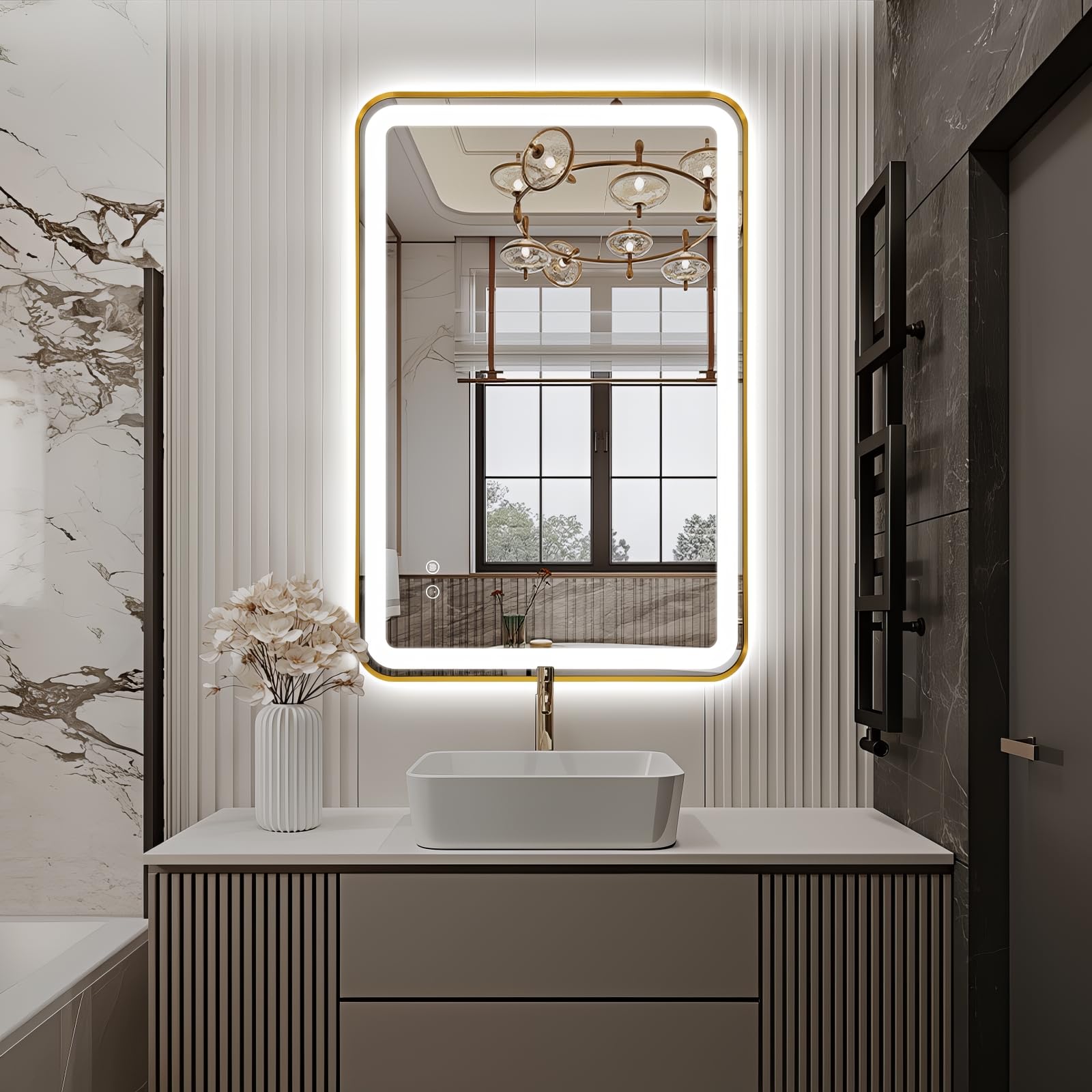 Miroir mural doré lumineux avec double éclairage LED et cadre en métal