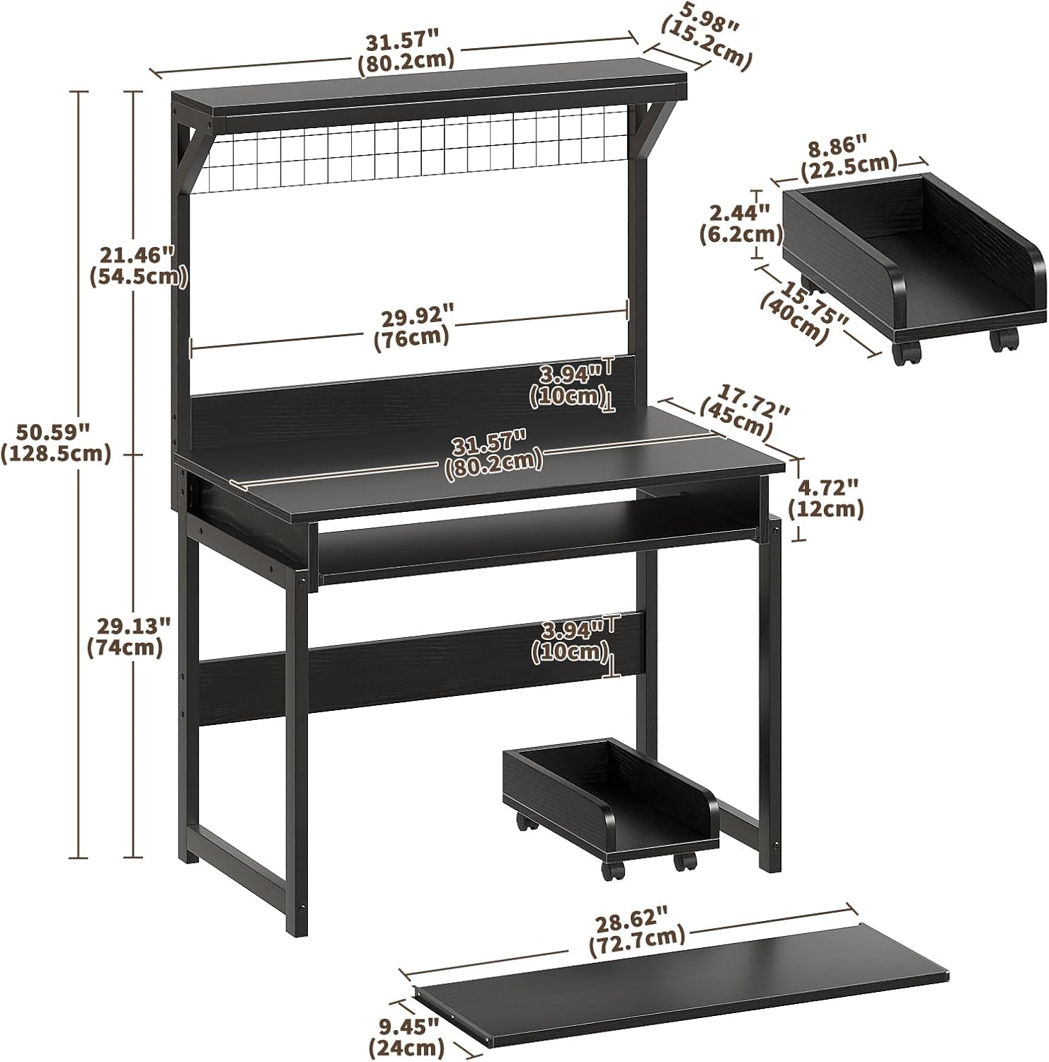 Diagram showing the dimensions of the ALISENED 31.5 inch Small Computer Desk with Hutch, including height, width, and depth measurements for various components like the main desk, hutch, and CPU stand.
