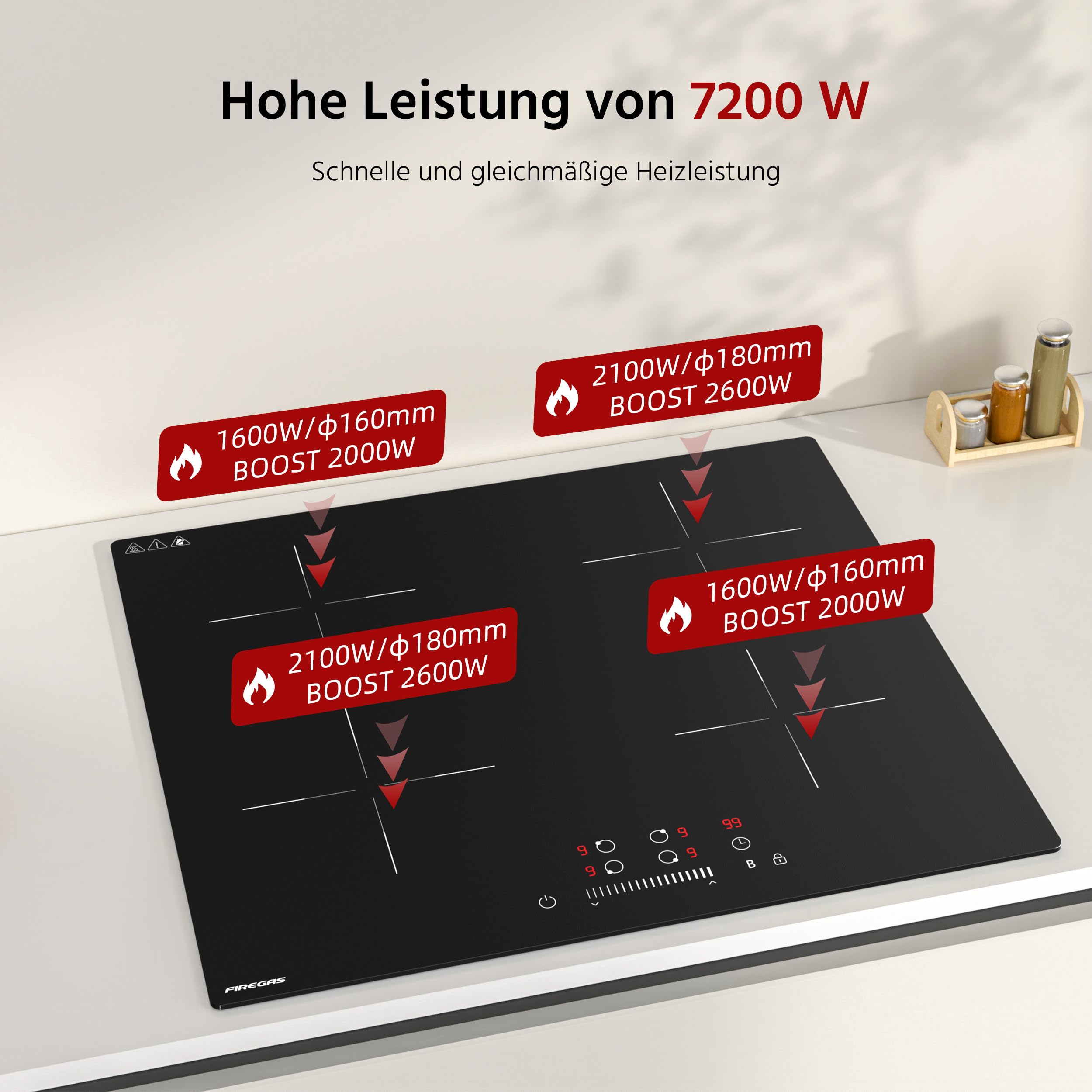 FIREGAS 7400W Einbau-Induktionskochfeld, 4 Kochzonen, 9 Leistungsstufen, Timer 1–99 Min, Boost-Funktion, Touch-Bedienung, Schwarz, 60 cm - 3