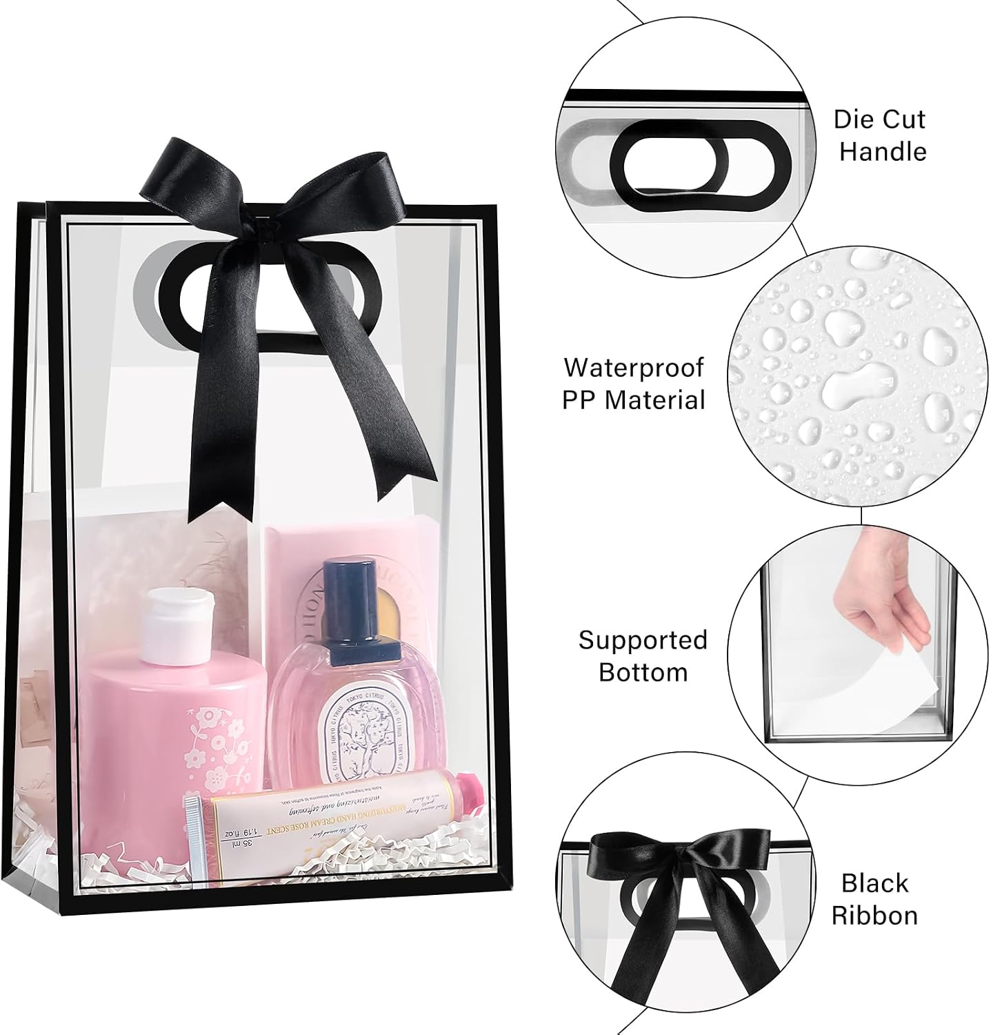 Meolvic 24 PCS Clear Plastic Gift Bags with Handles, Black image 3