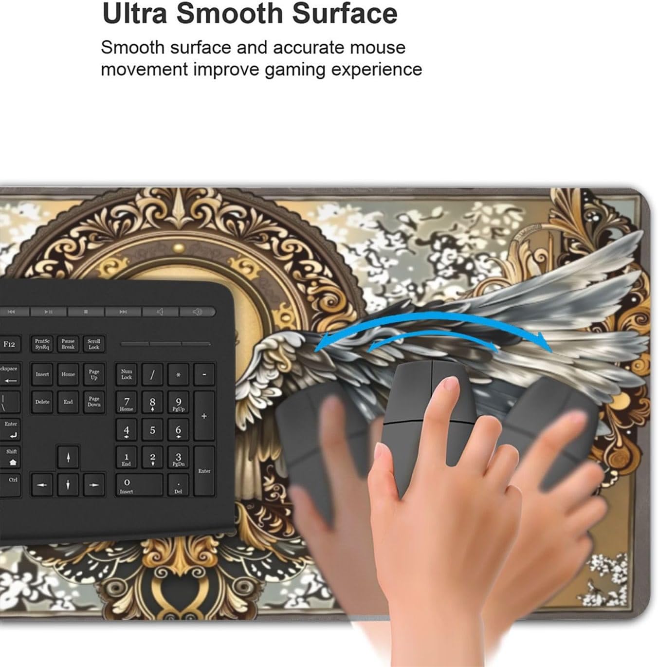 Angel Wings Ornate Gaming Mouse Pad Non-Slip Rubber Base XXL Mousepad Waterproof Washable Stitched Edge Mouse Mat for Desk Home Office Gaming 16x35.5in