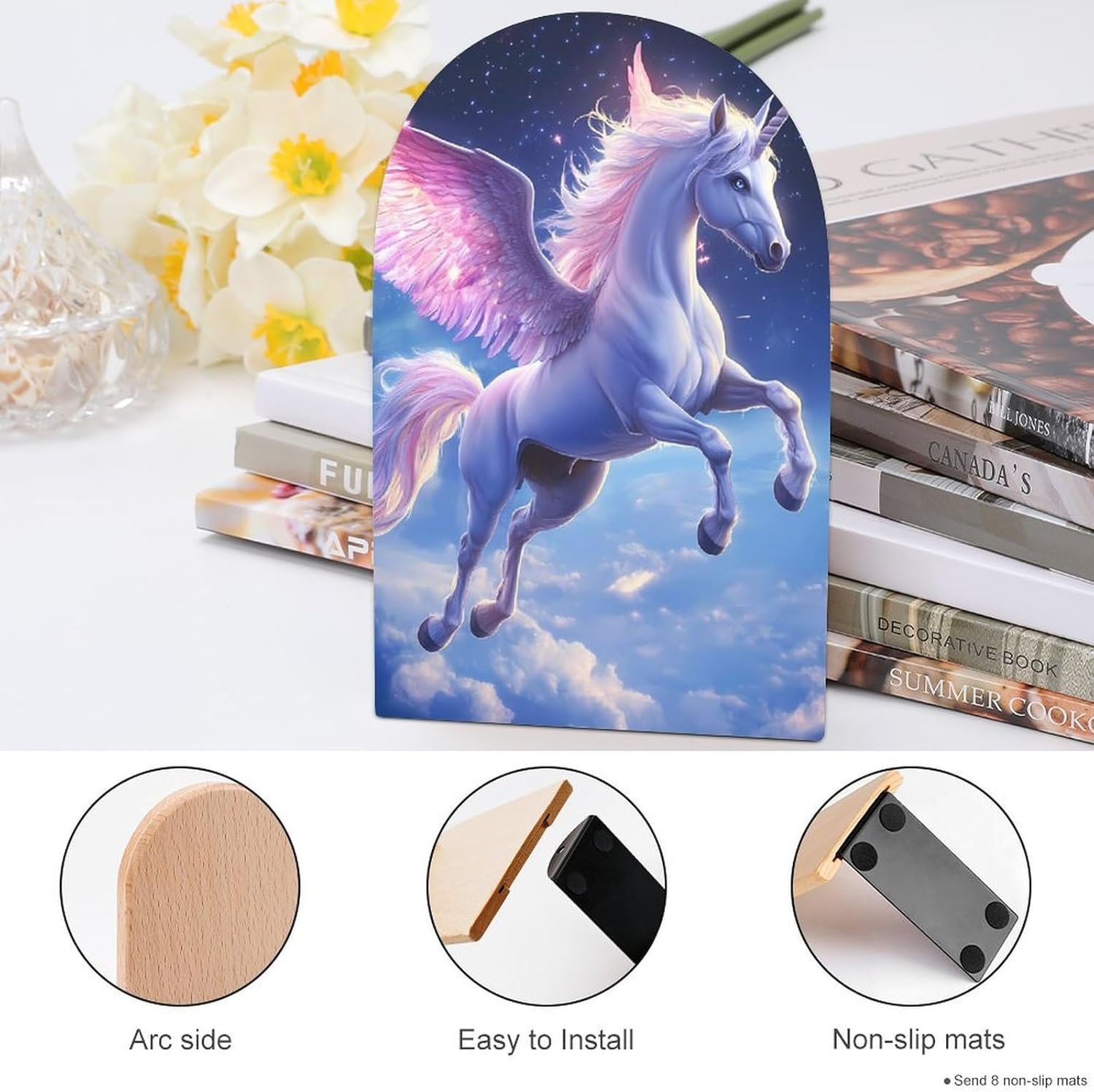 Flying Cute Unicorm Horse Cute Wood Book Ends Decorative Bookends 1 Pair Non-Skid for Shelves Home Office 7 X 5 Inch