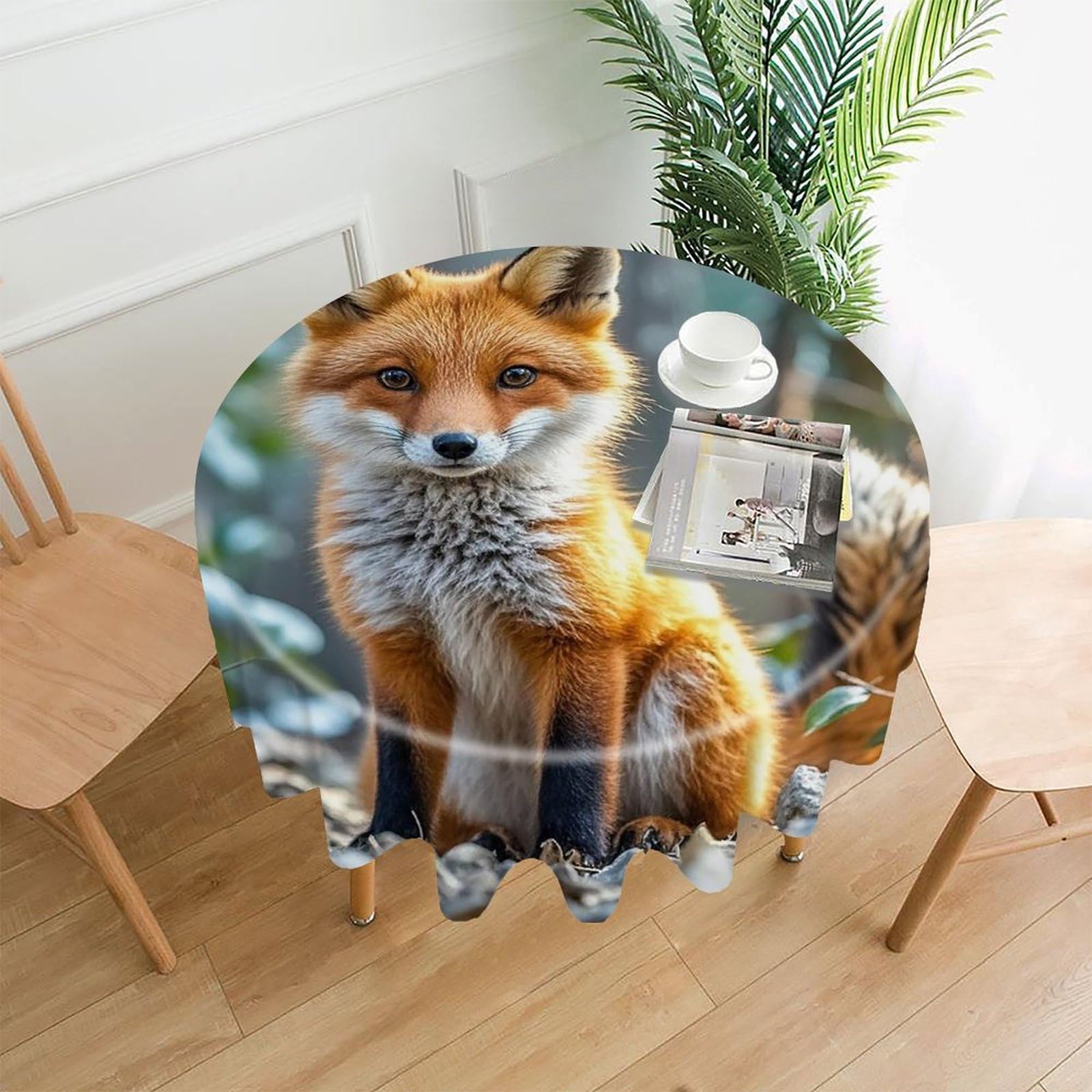 LZQPOEAS Fox Shape Theme Tablecloth Decorative Round Table Cloth Wrinkle Resistant Round Tablecloth Washable Circle Table Cover for Kitchen Dining Party Wedding Camping 60 Inch
