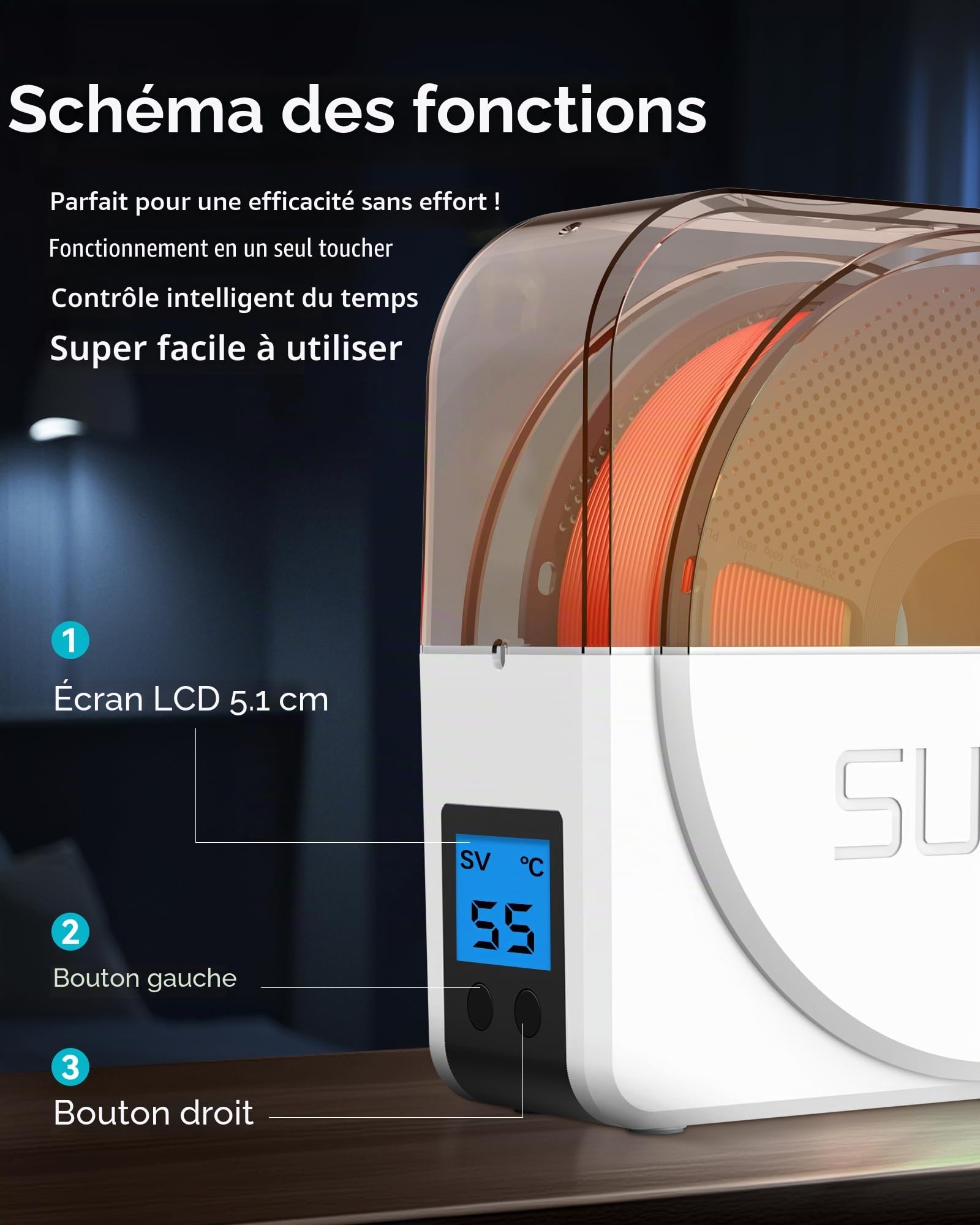 SUNLU Sécheur de Filament S1 Plus, Ventilateur de Circulation Intégré, Séchoir à Filament 3D pour PLA/PETG/TPU/ABS et Autres Filaments FDM 1,75mm/2,85mm/3,00mm. (Blanc)