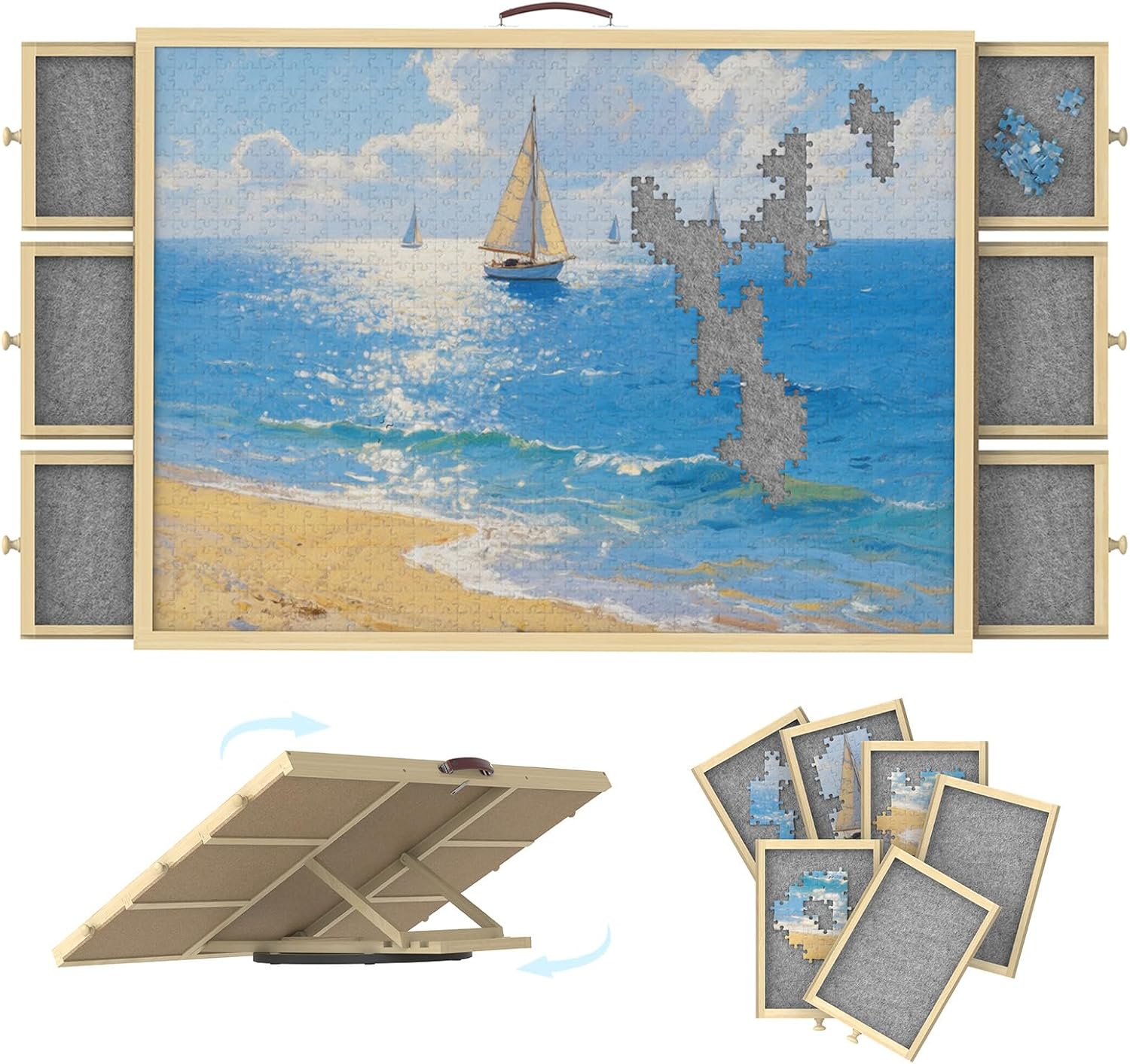 Product image of 1500 Pcs Rotating Puzzle Board with 6 Drawers & Cover, Wooden Puzzle Table with Lazy Susan Spinning,Portable Jigsaw Wood Table with Non-Slip Felt 35"x26"
