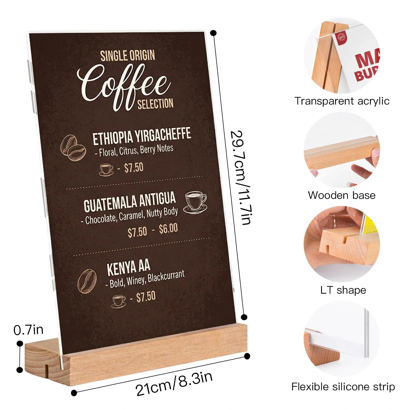 3 Pièces Porte Affiche A4 Presentoir A4 Transparent Support Affiche A 4 avec Base en Bois Présentoir de Table A 4 Porte Menu L&T 21 x 29,7cm pour Restaurants, Bureaux