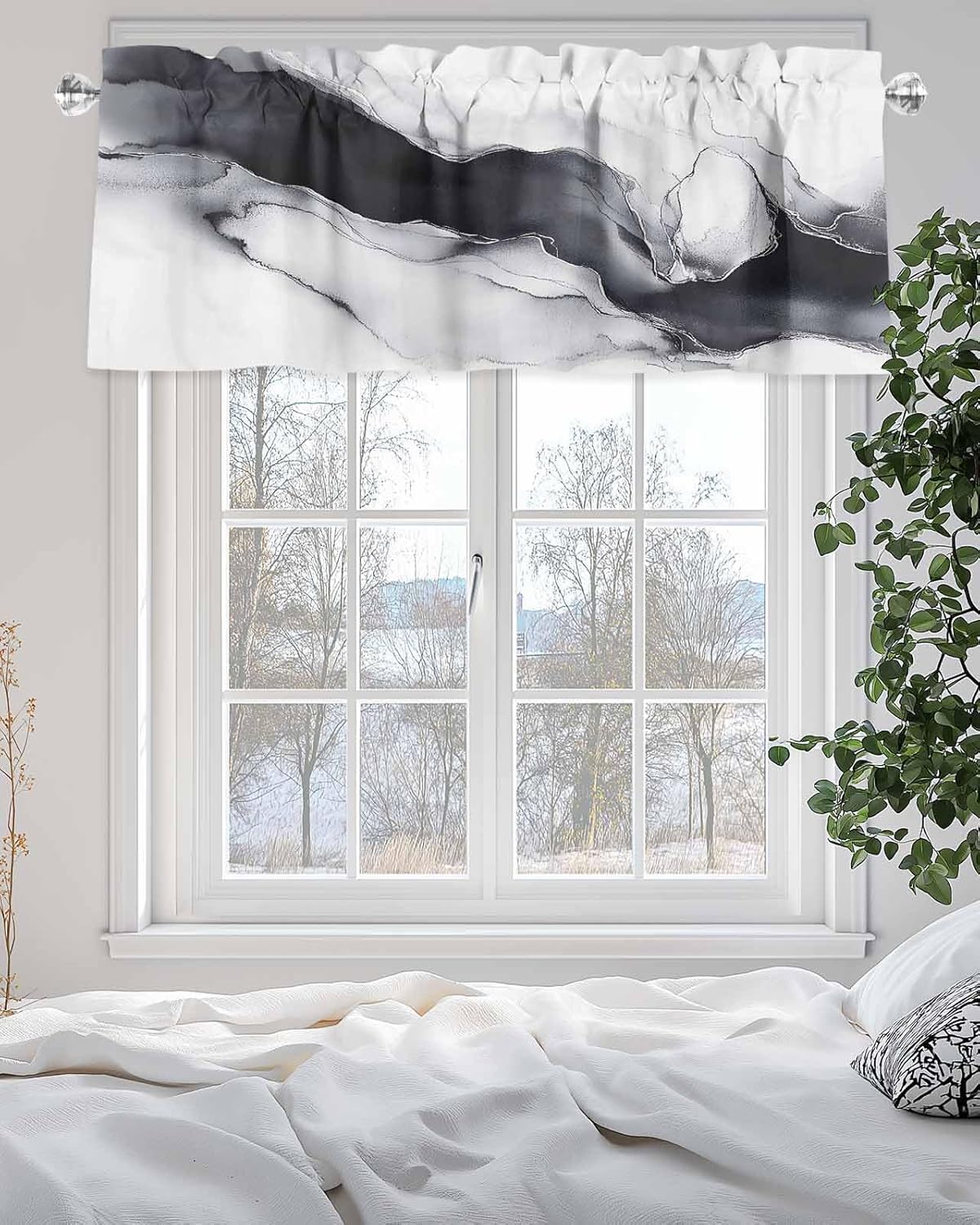Abstract Art Valance Curtain for Kitchen Black White Gradient Marble Texture Modern Rod Pocket Tier Curtains Retro Window Treatments for Kitchen Bathroom Bedroom,60x18In