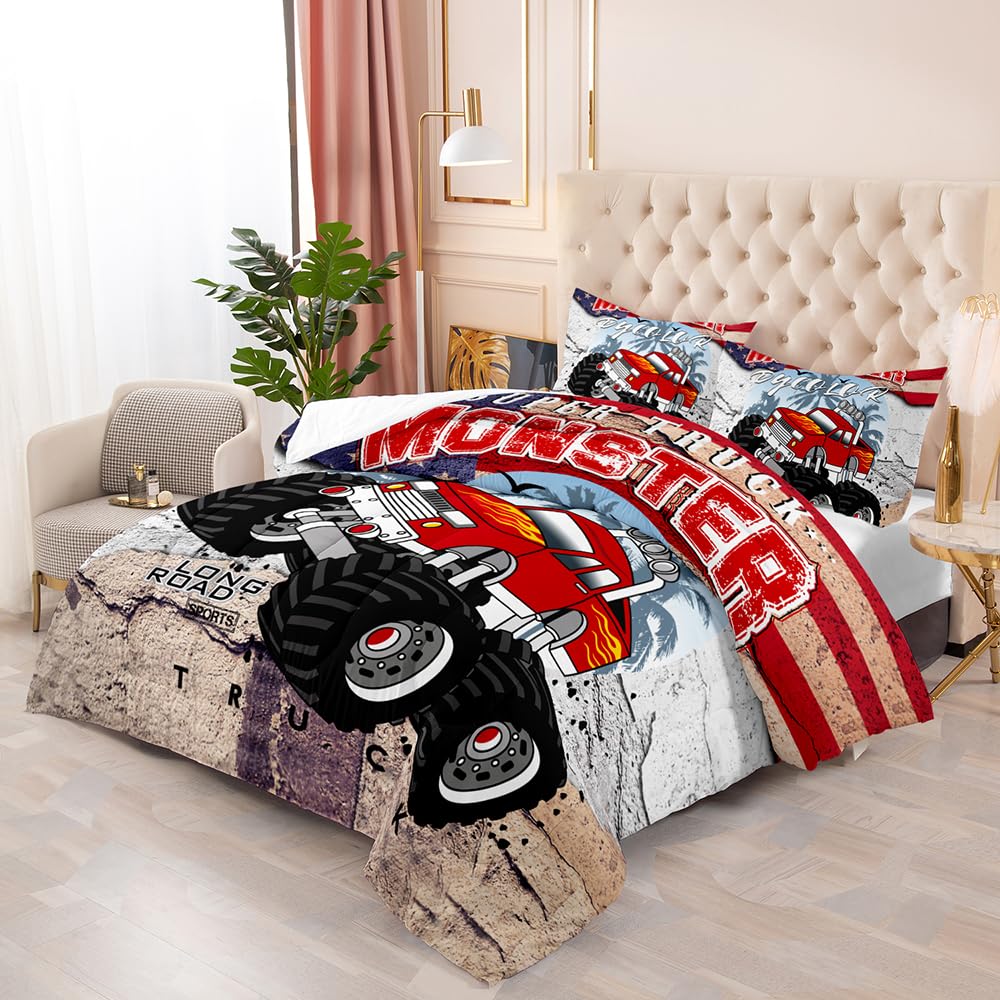 DYcolor 3D Red Super Monster Truck Printed Quilt, 3-Piece Long Road Sports Truck Comforter Set with 1 Comforter and 2 Pillow Cases for Kids, Teens, Boys (04, Twin)