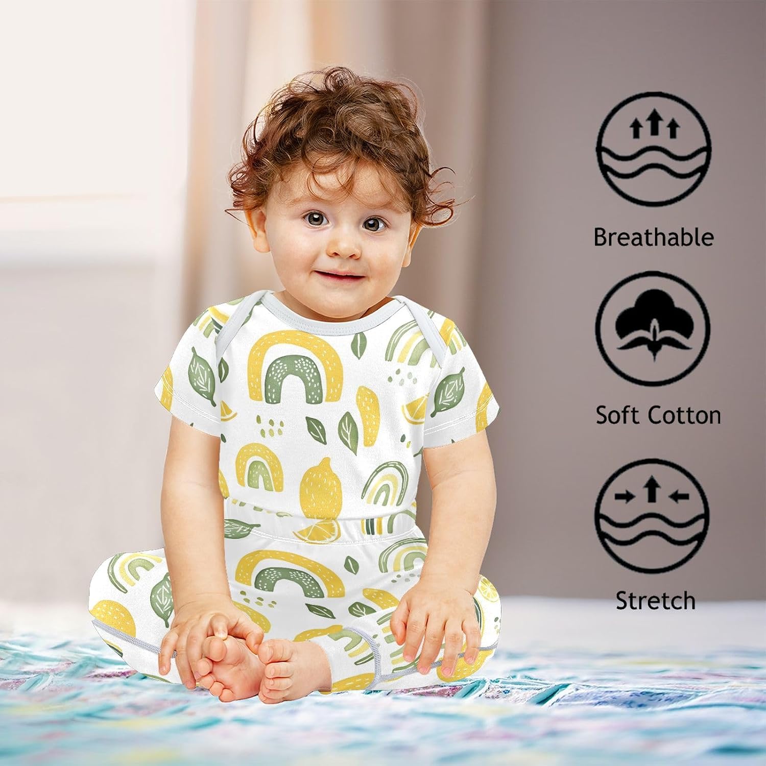 vvfelixl Baby Clothes Lemons Green Rainbows Baby Bodysuits Set Unisex Short Sleeve Babys Pants Sets 0-3M