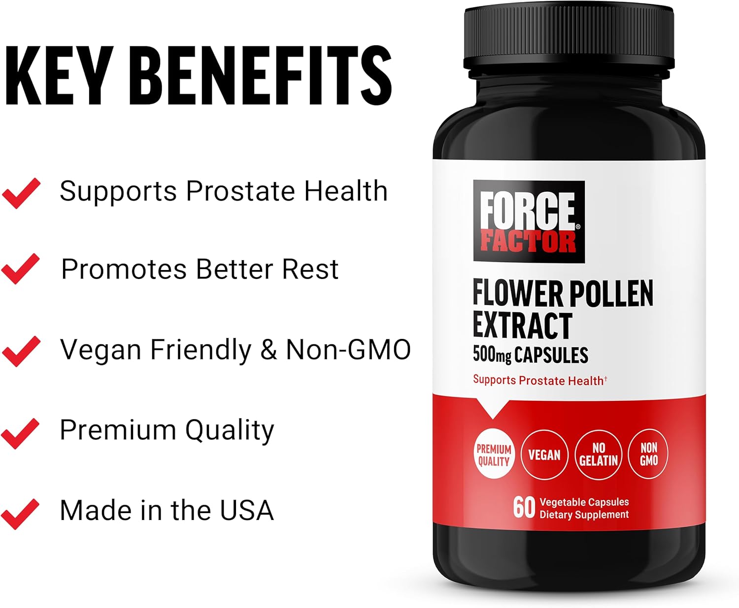 FORCE FACTOR Flower Pollen Prostate Support Supplement for Men’s Health, Prostate Health Supplement, 500mg Flower Pollen Capsules, Vegan, No Gelatin, Non-GMO, 60 Capsules - Image 2
